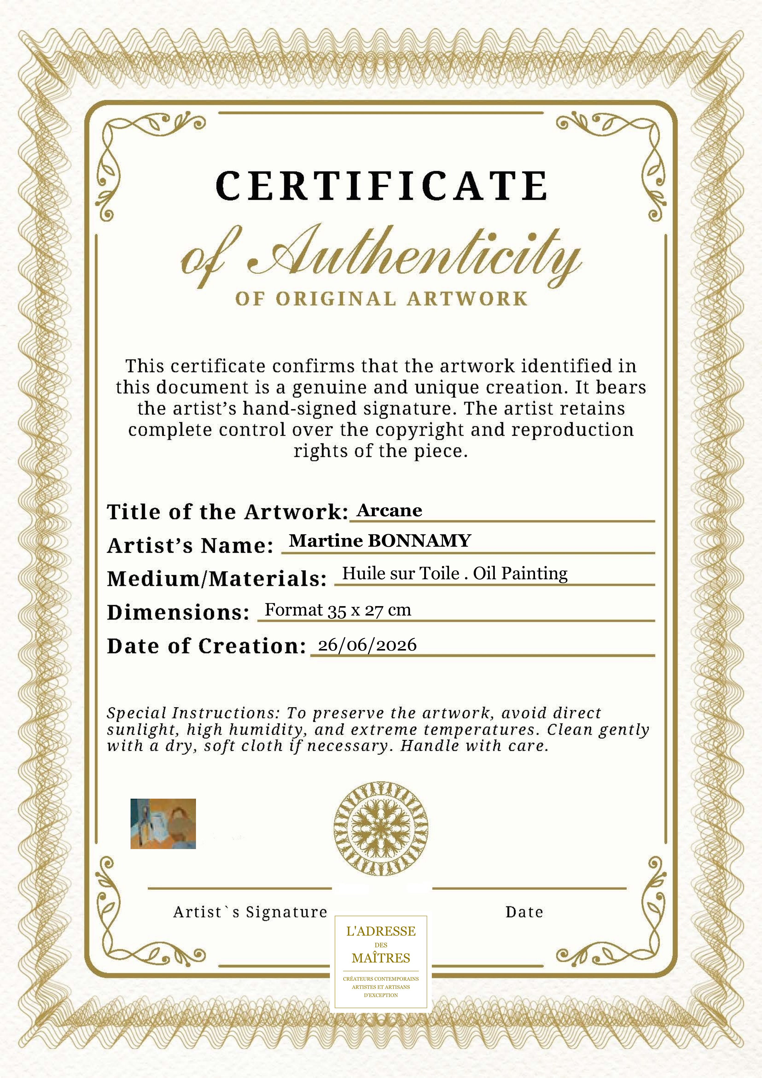 Certificat d'authenticité — Arcane — Martine BONNAMY