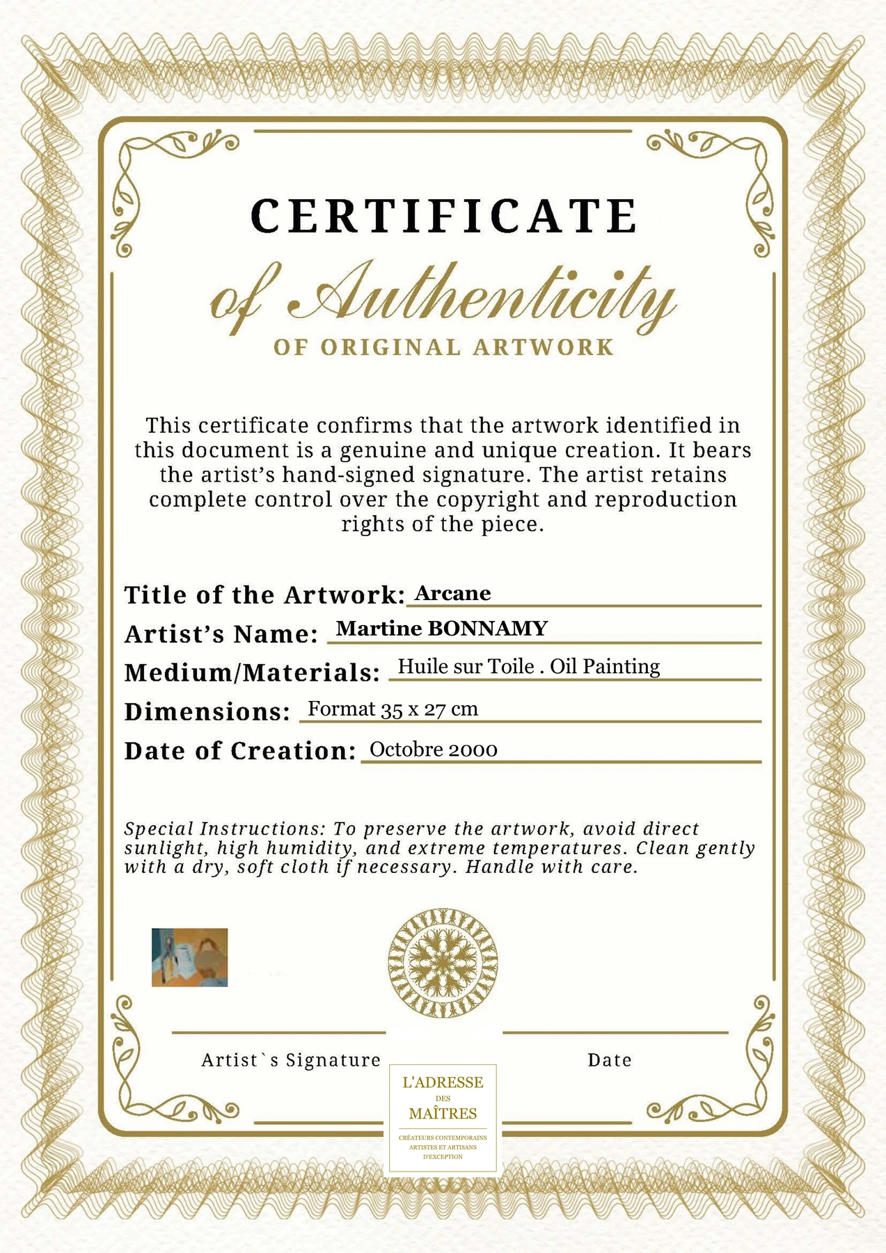 Certificat d'authenticité - Arcane - Martine BONNAMY