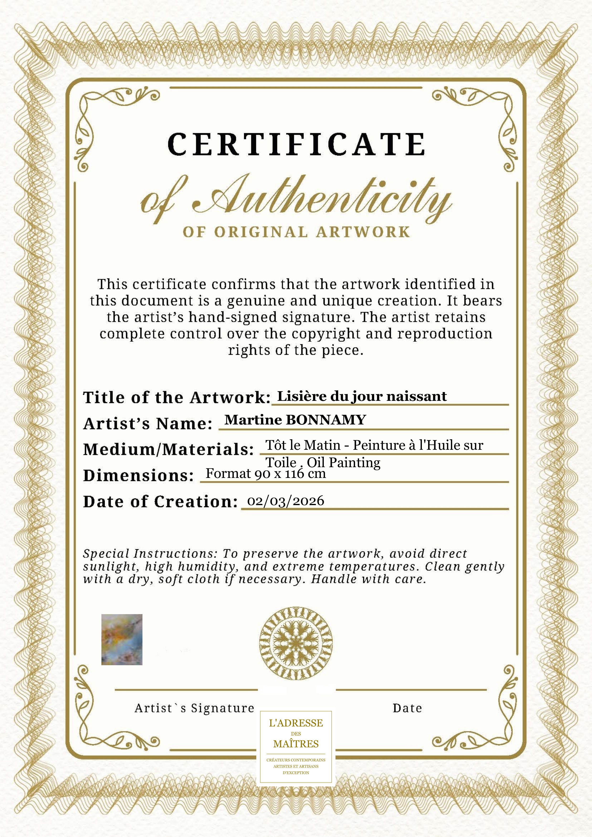 Certificat d'authenticité — Lisière du jour naissant — Martine BONNAMY