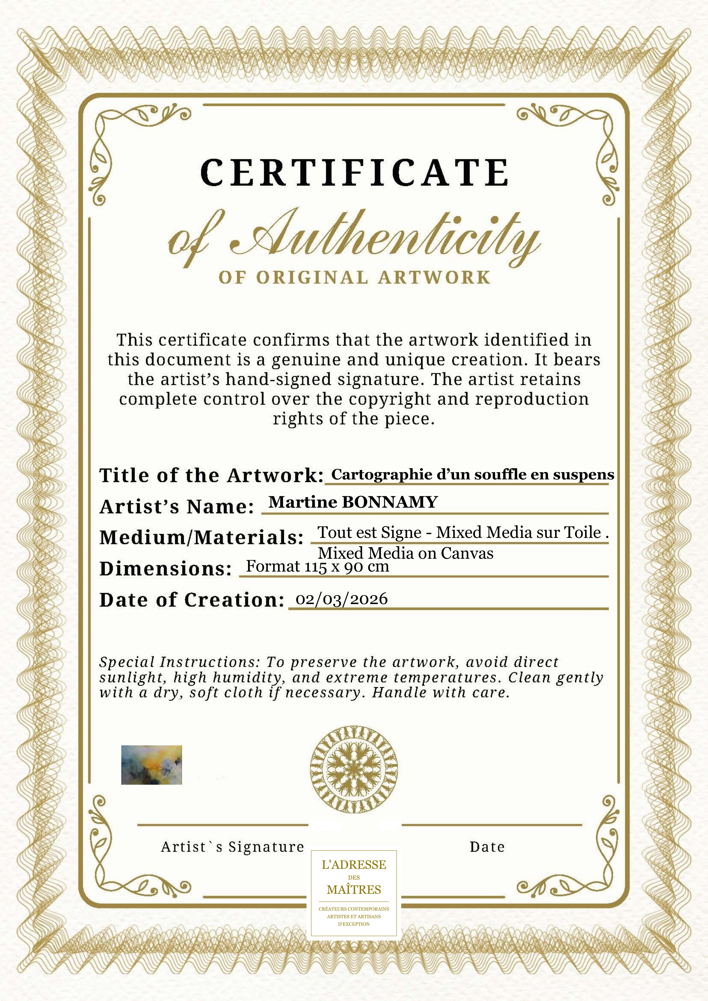 Certificat d'authenticité — Cartographie d’un souffle en suspens — Martine BONNAMY