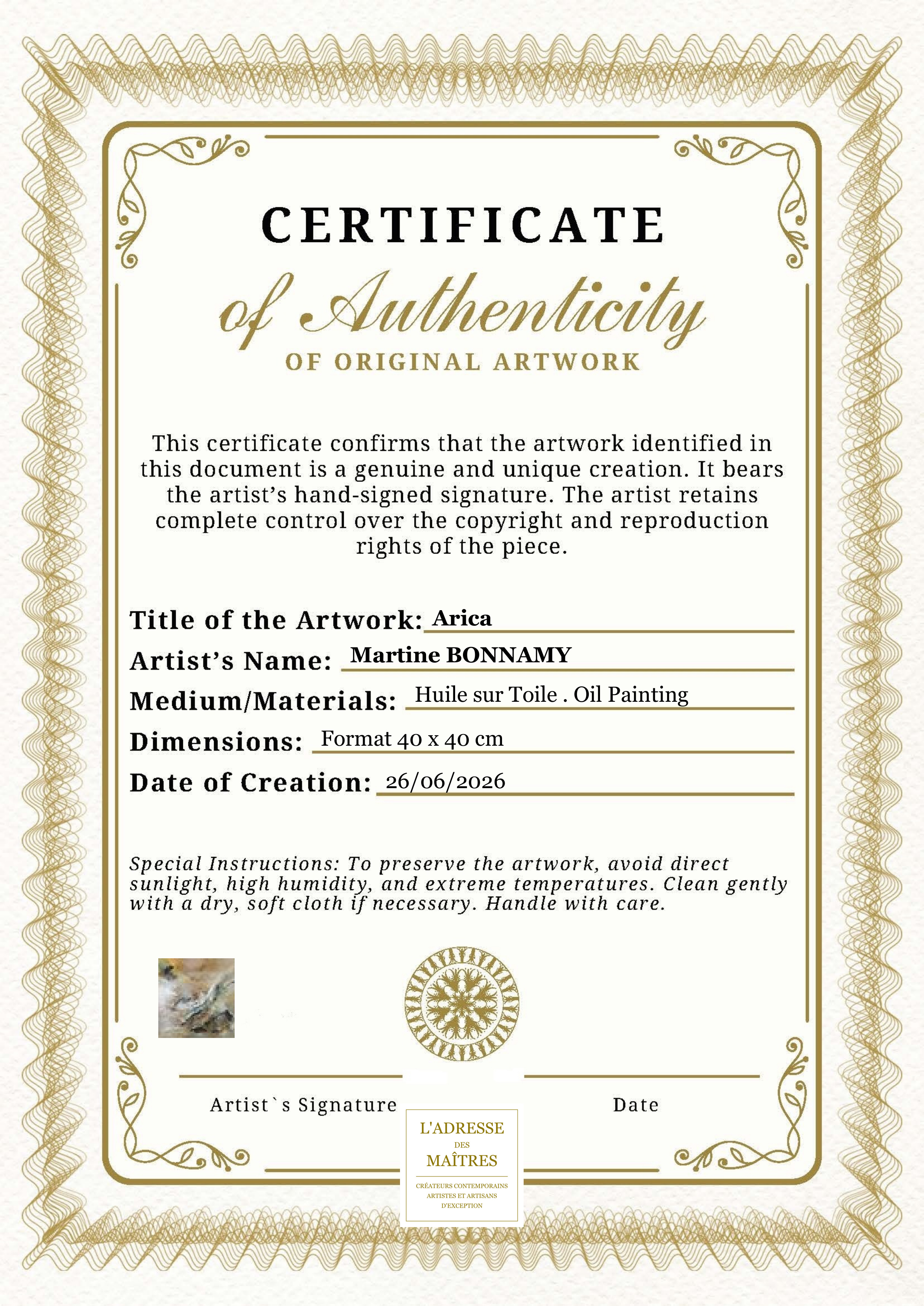 Certificat d'authenticité — Arica — Martine BONNAMY