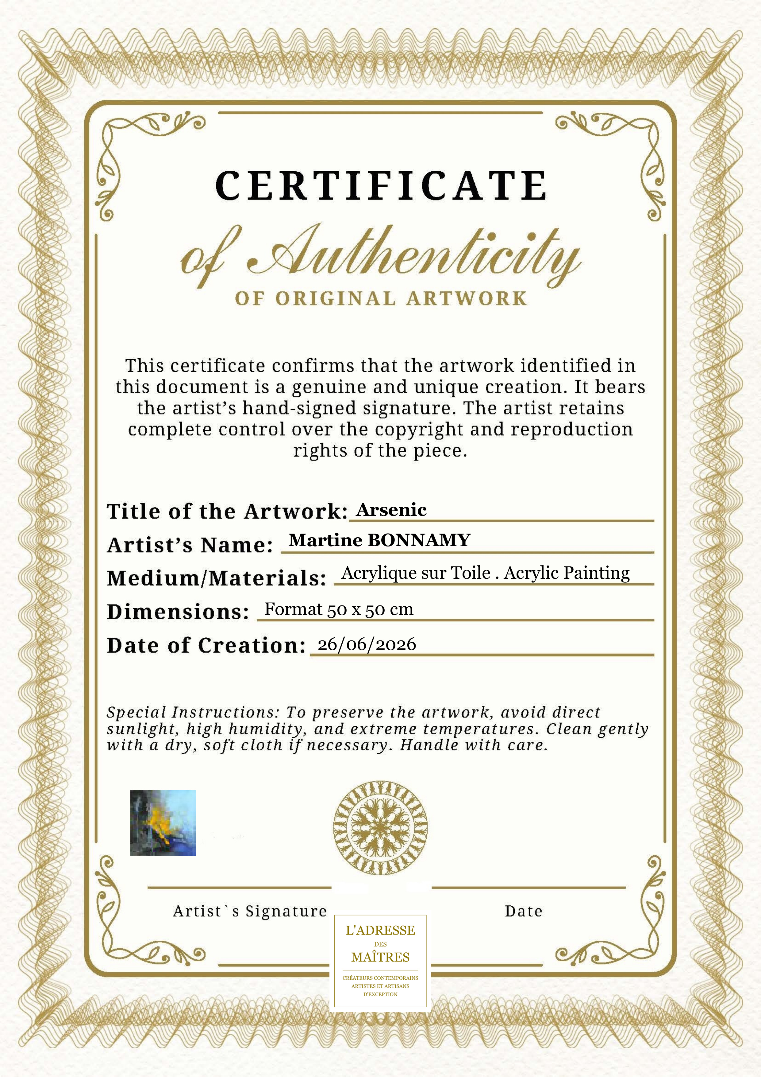 Certificat d'authenticité — Arsenic — Martine BONNAMY