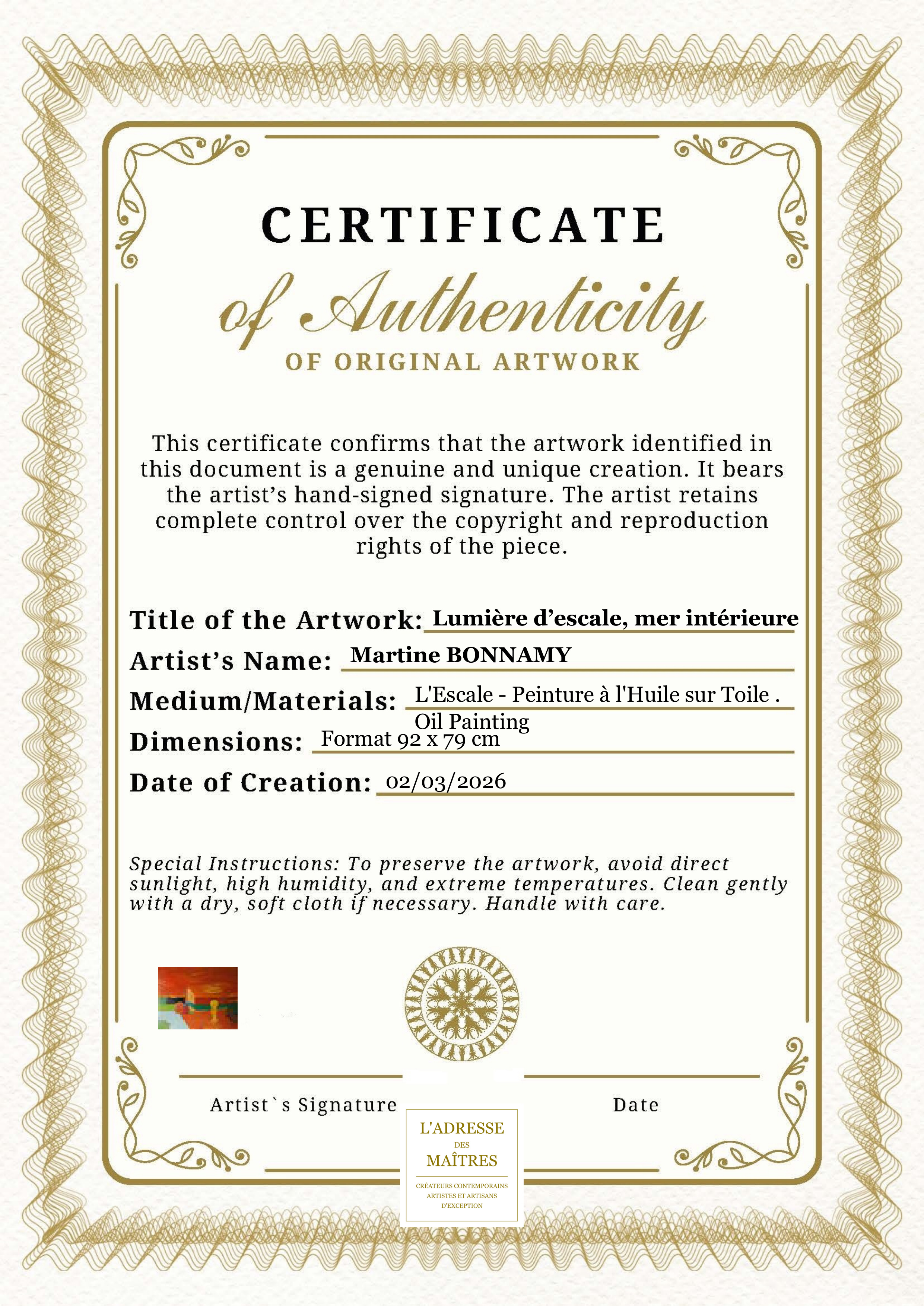Certificat d'authenticité — Lumière d’escale, mer intérieure — Martine BONNAMY