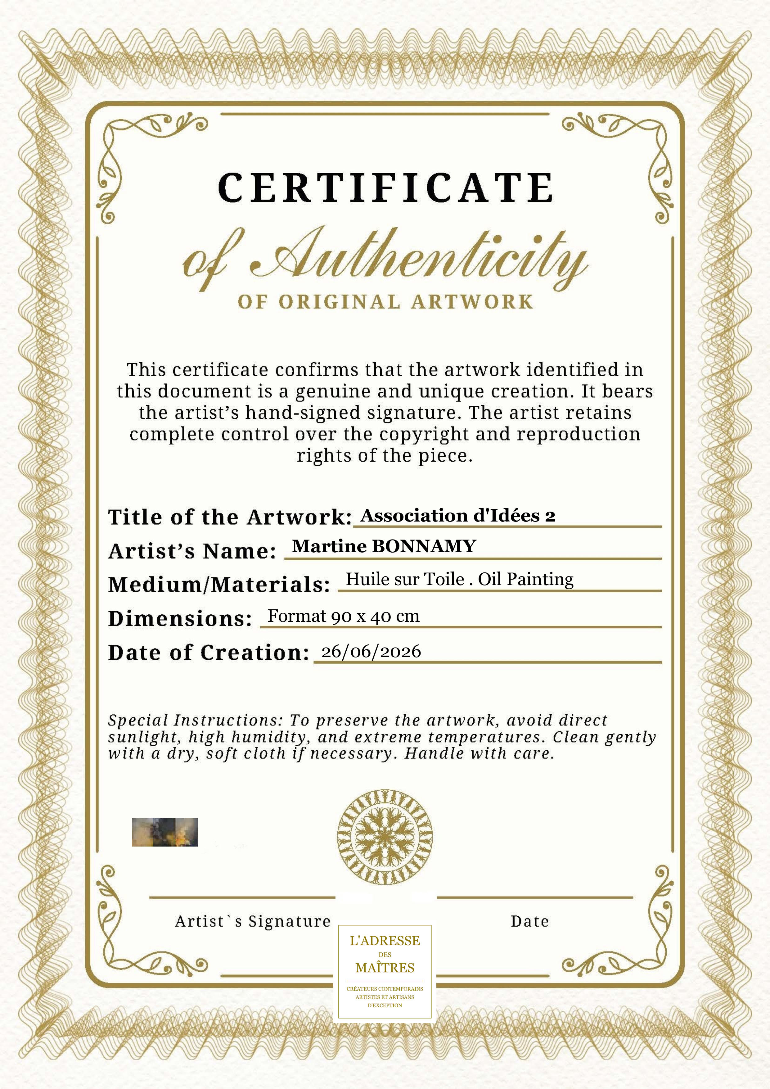 Certificat d'authenticité — Association d'Idées 2 — Martine BONNAMY