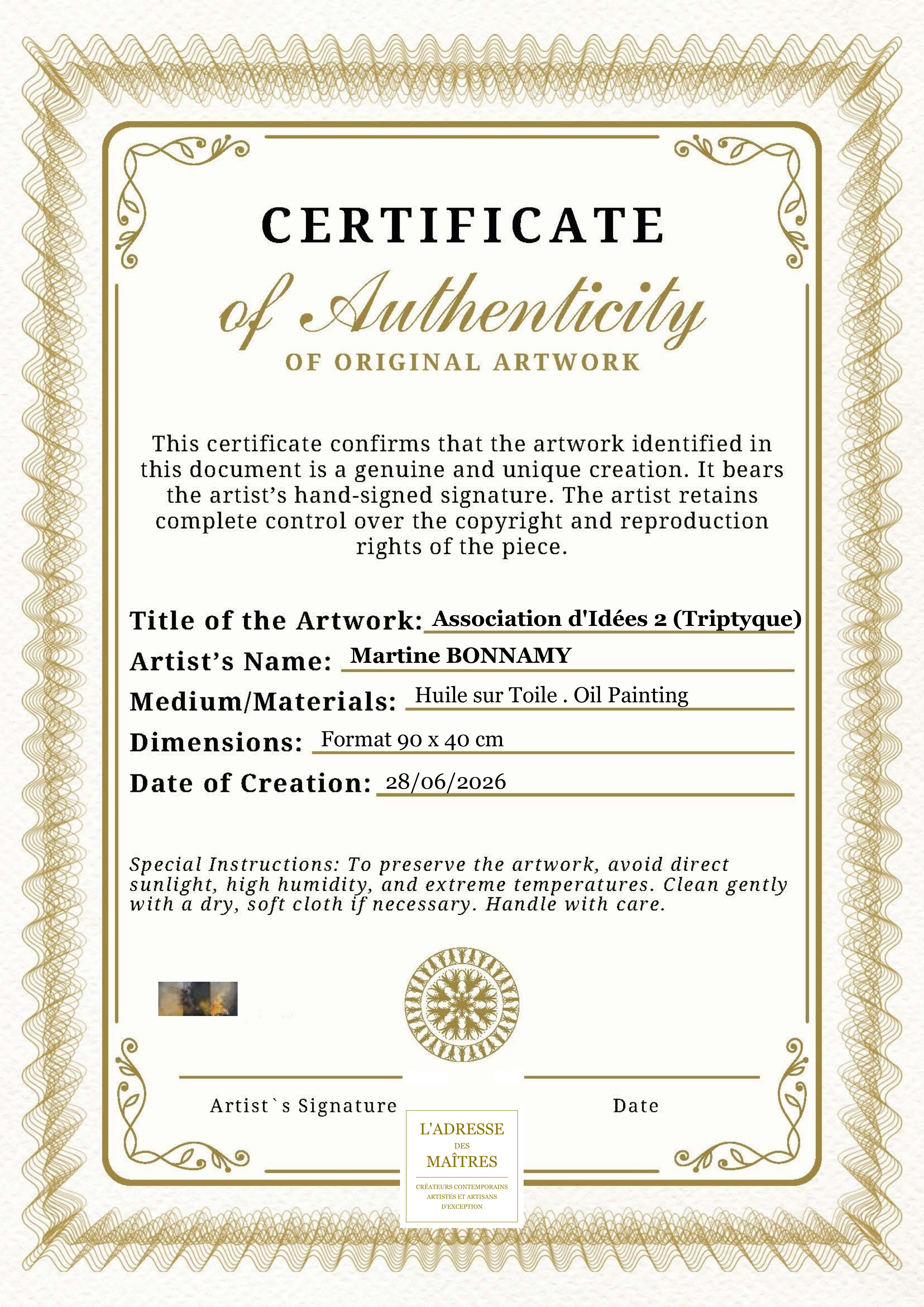 Certificat d'authenticité — Association d'Idées 2 (Triptyque) — Martine BONNAMY