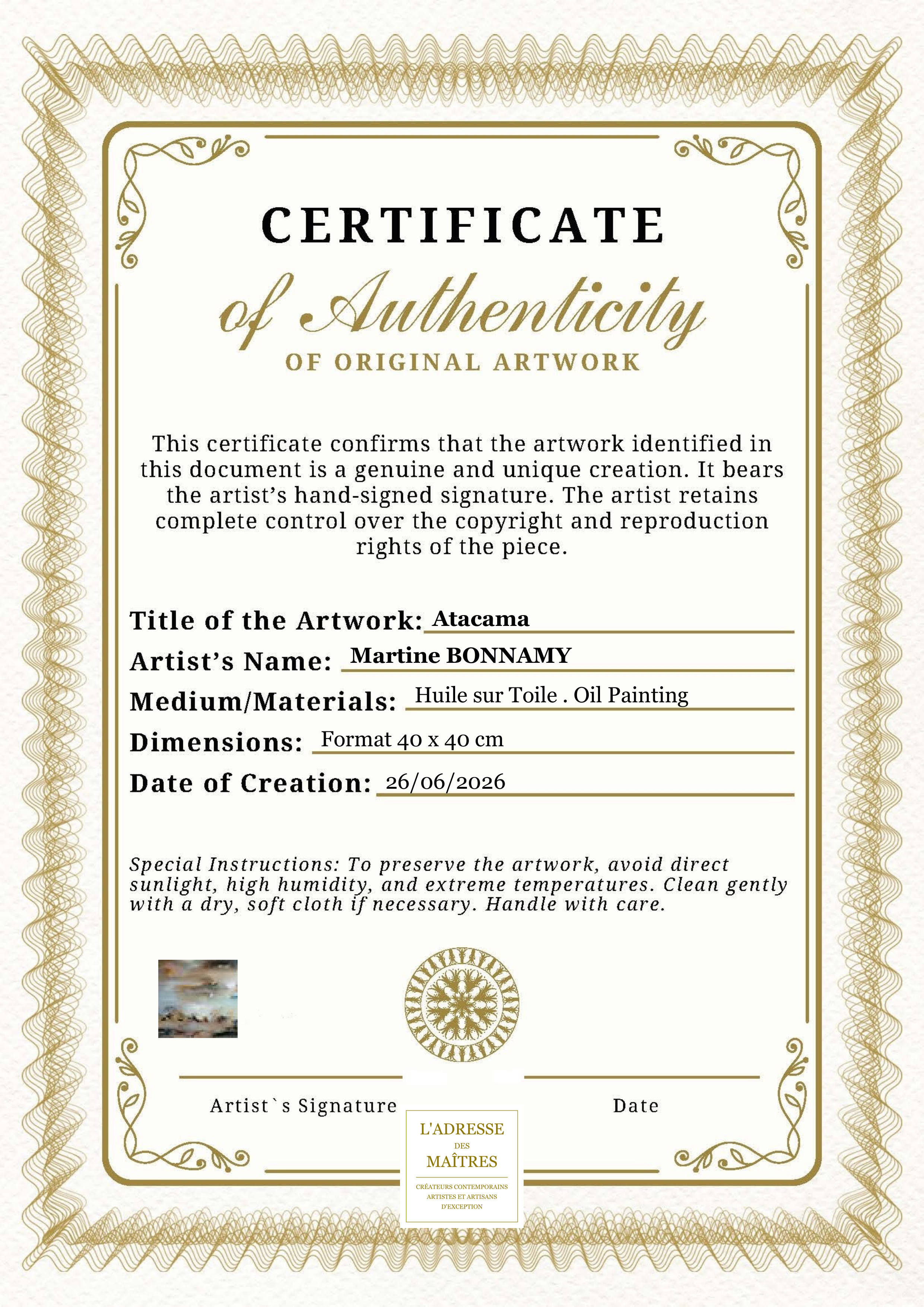 Certificat d'authenticité — Atacama — Martine BONNAMY