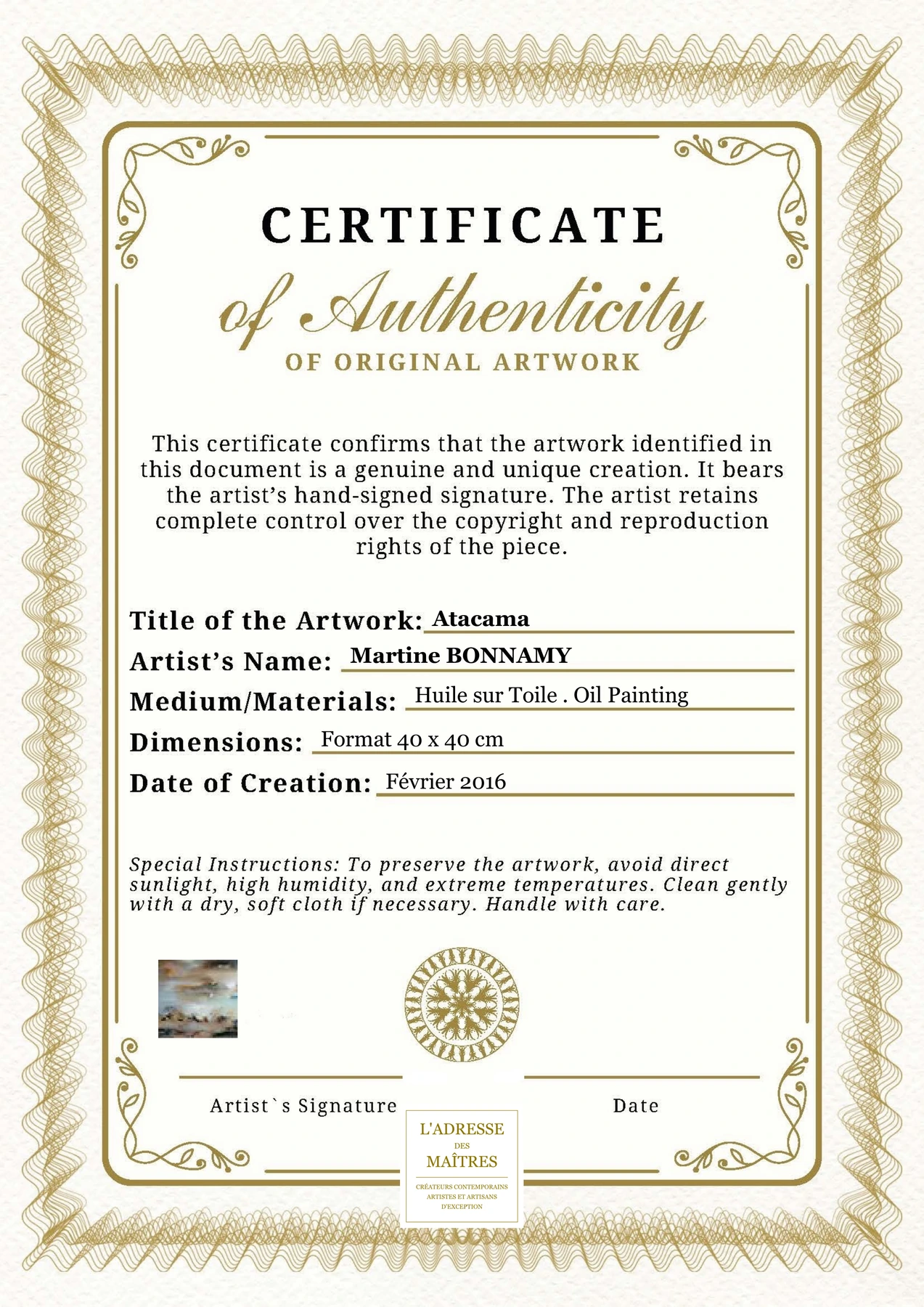Certificat d'authenticité - Atacama - Martine BONNAMY