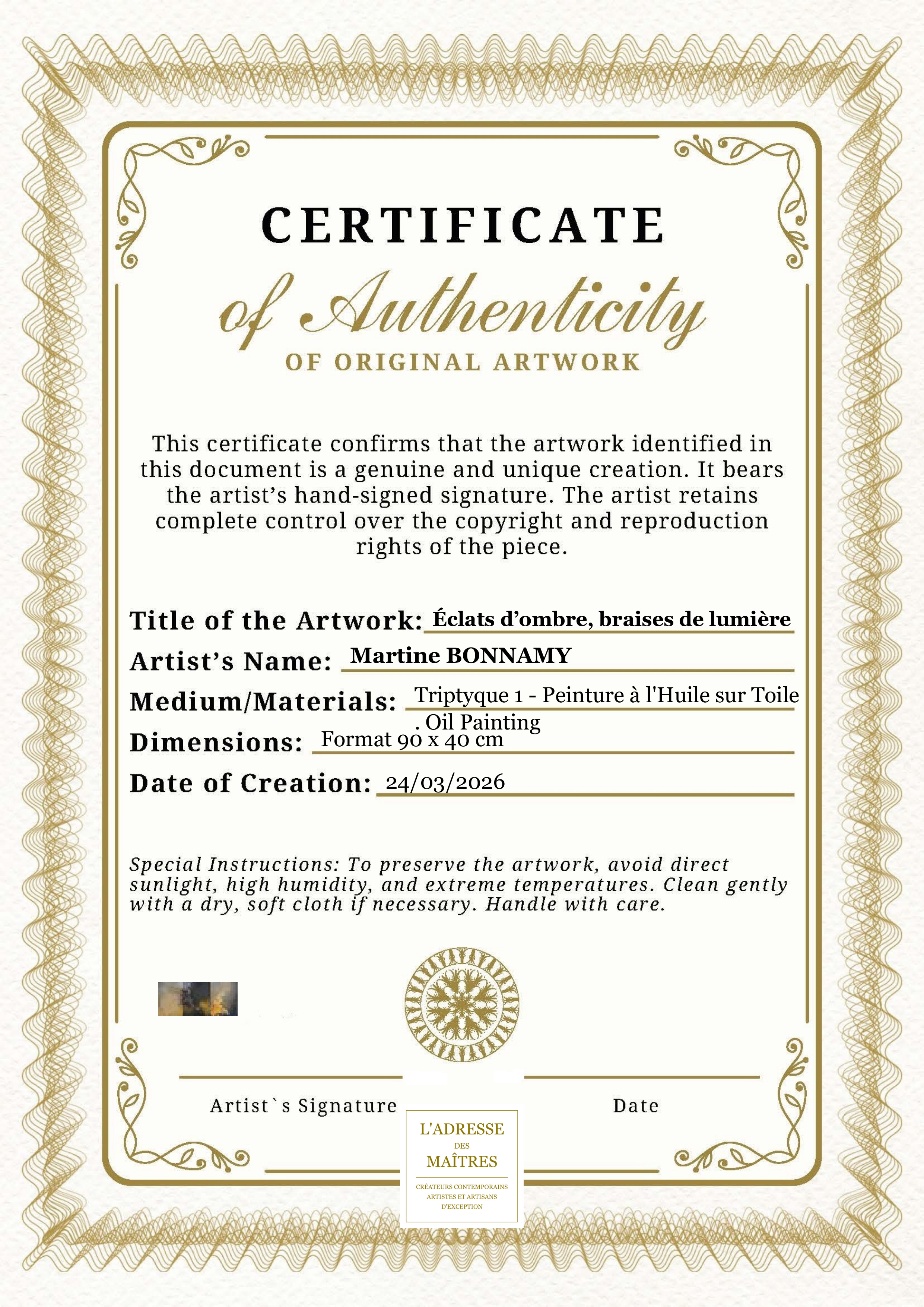 Certificat d'authenticité — Éclats d’ombre, braises de lumière — Martine BONNAMY