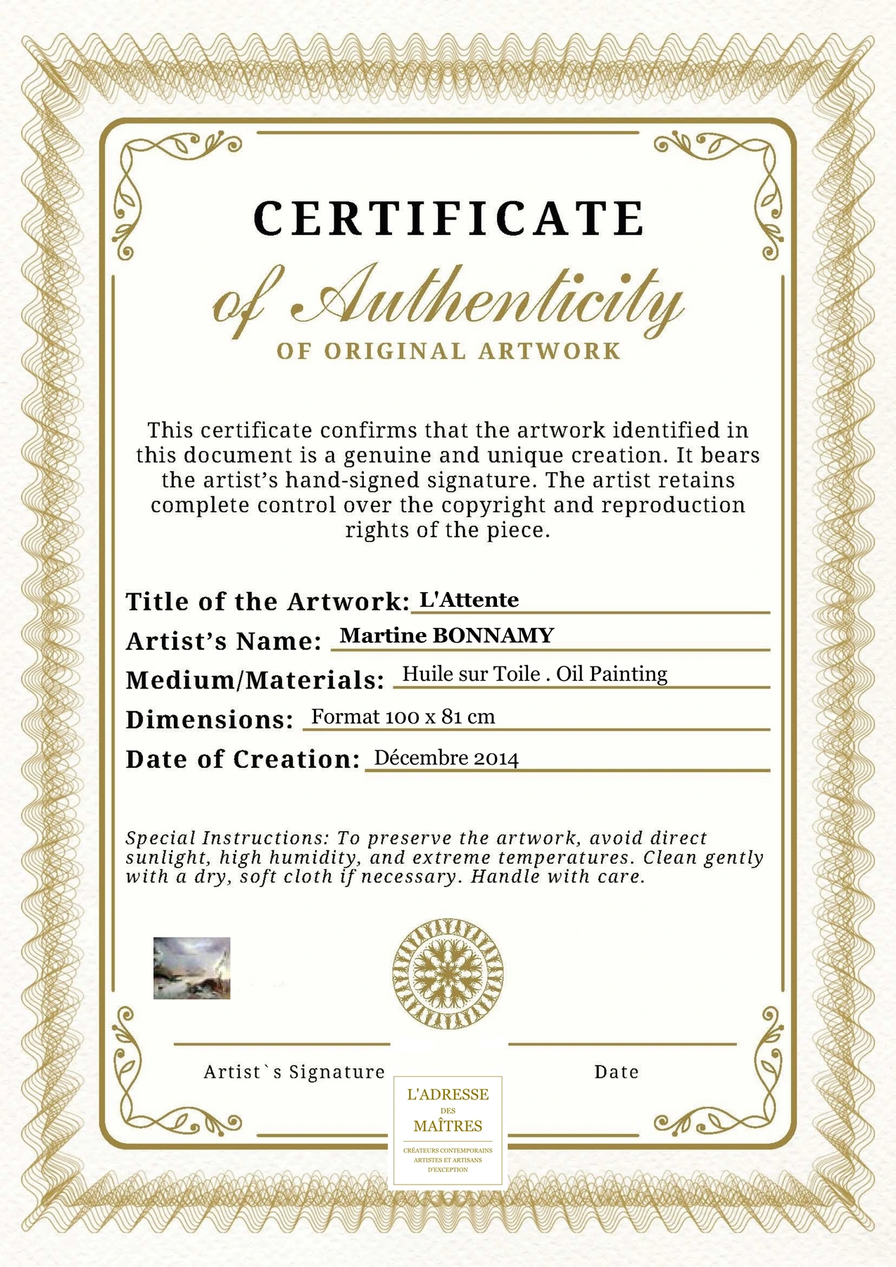 Certificat d'authenticité - L'Attente - Martine BONNAMY