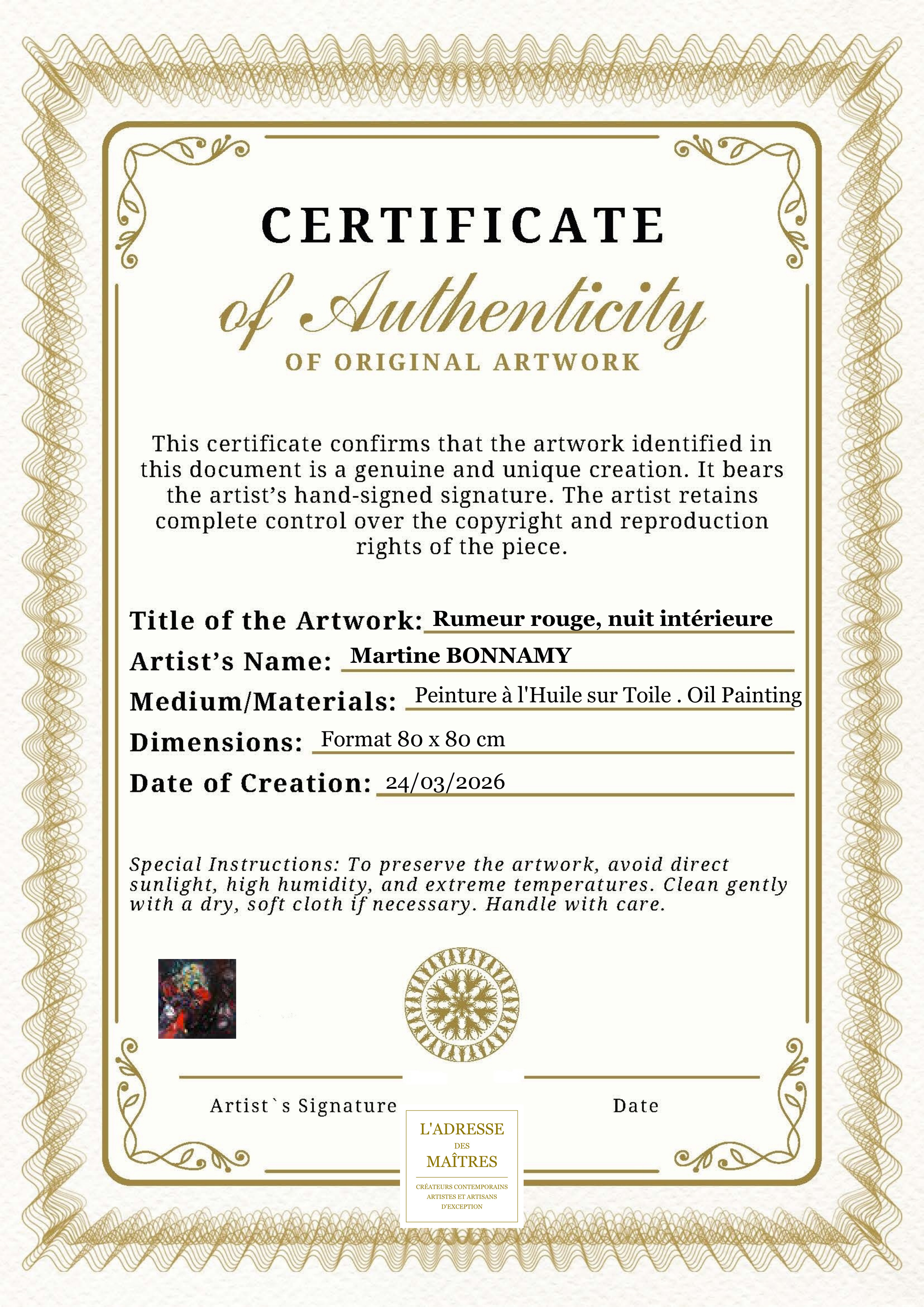 Certificat d'authenticité — Rumeur rouge, nuit intérieure — Martine BONNAMY