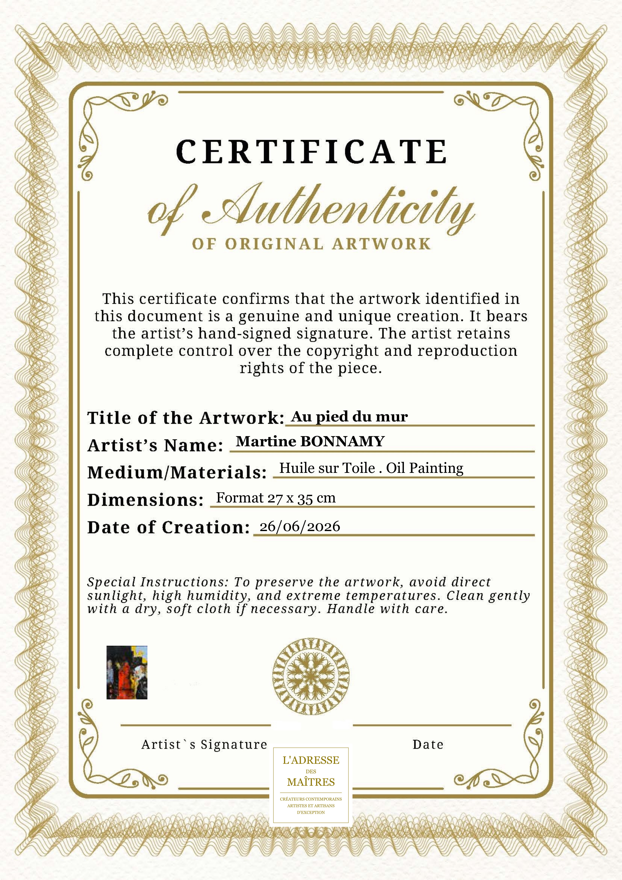 Certificat d'authenticité — Au pied du mur — Martine BONNAMY
