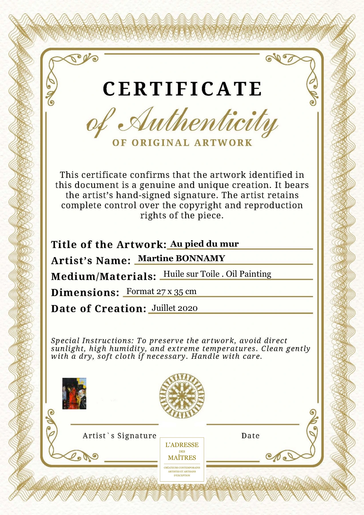 Certificat d'authenticité - Au pied du mur - Martine BONNAMY