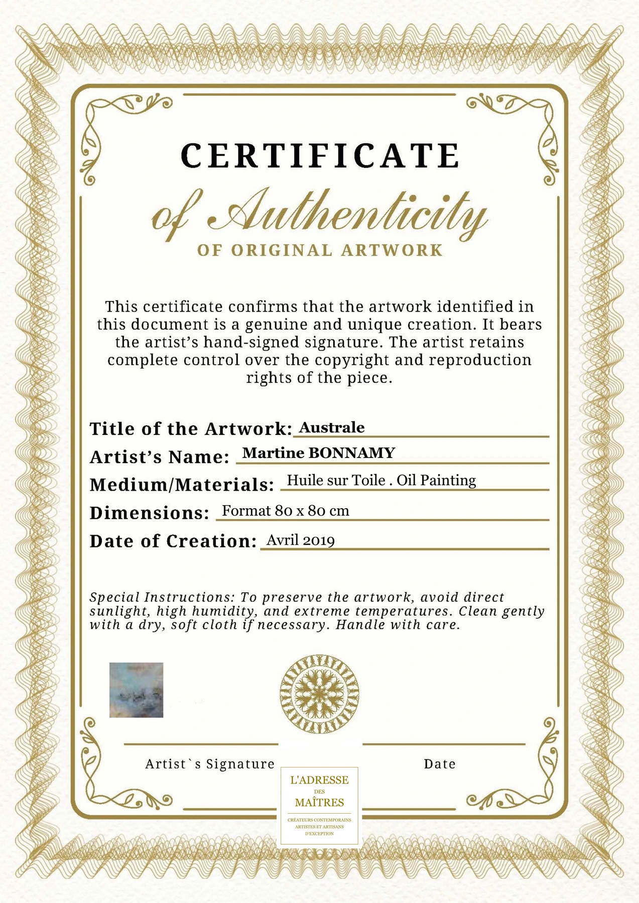 Certificat d'authenticité - Australe - Martine BONNAMY
