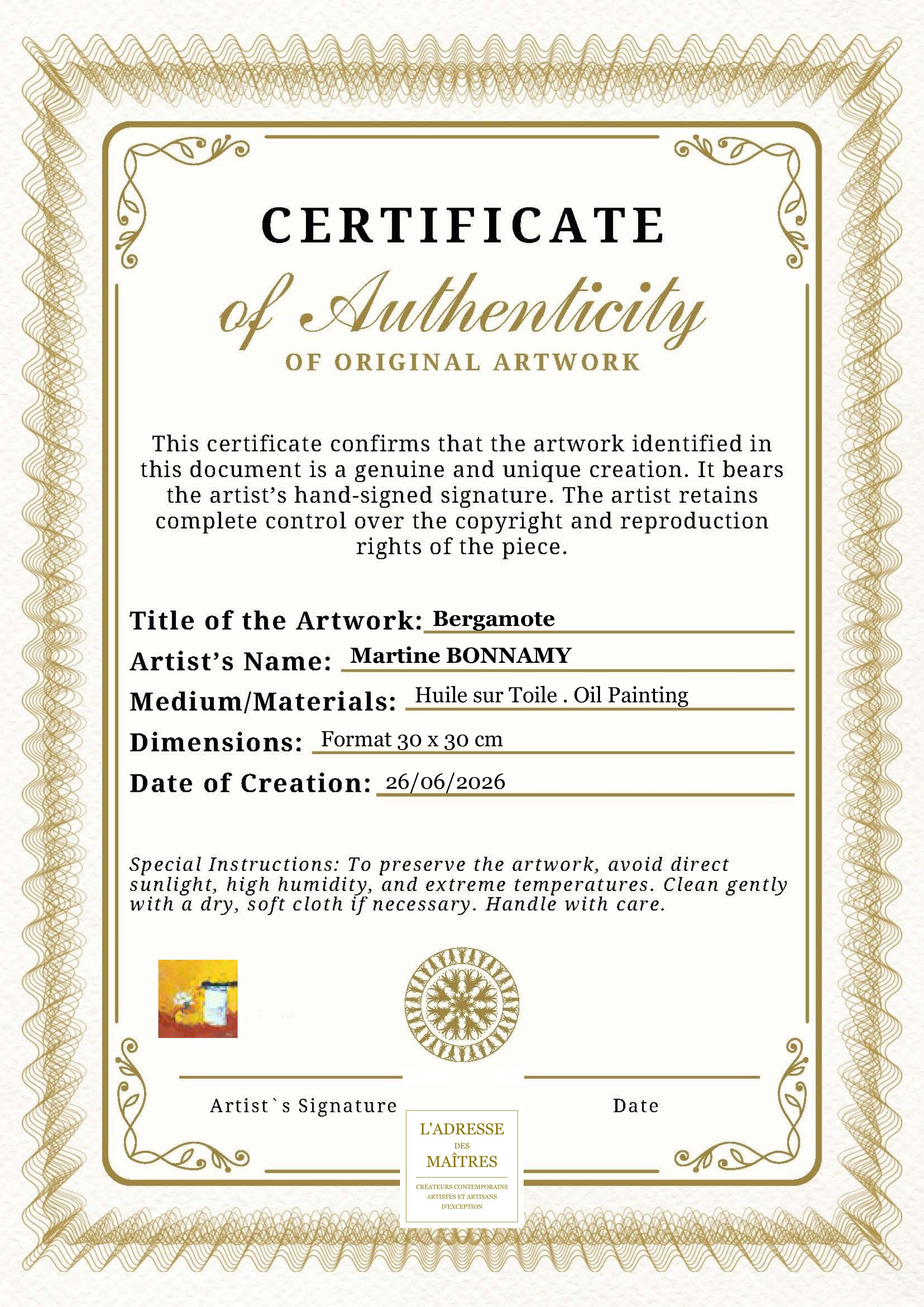Certificat d'authenticité — Bergamote — Martine BONNAMY