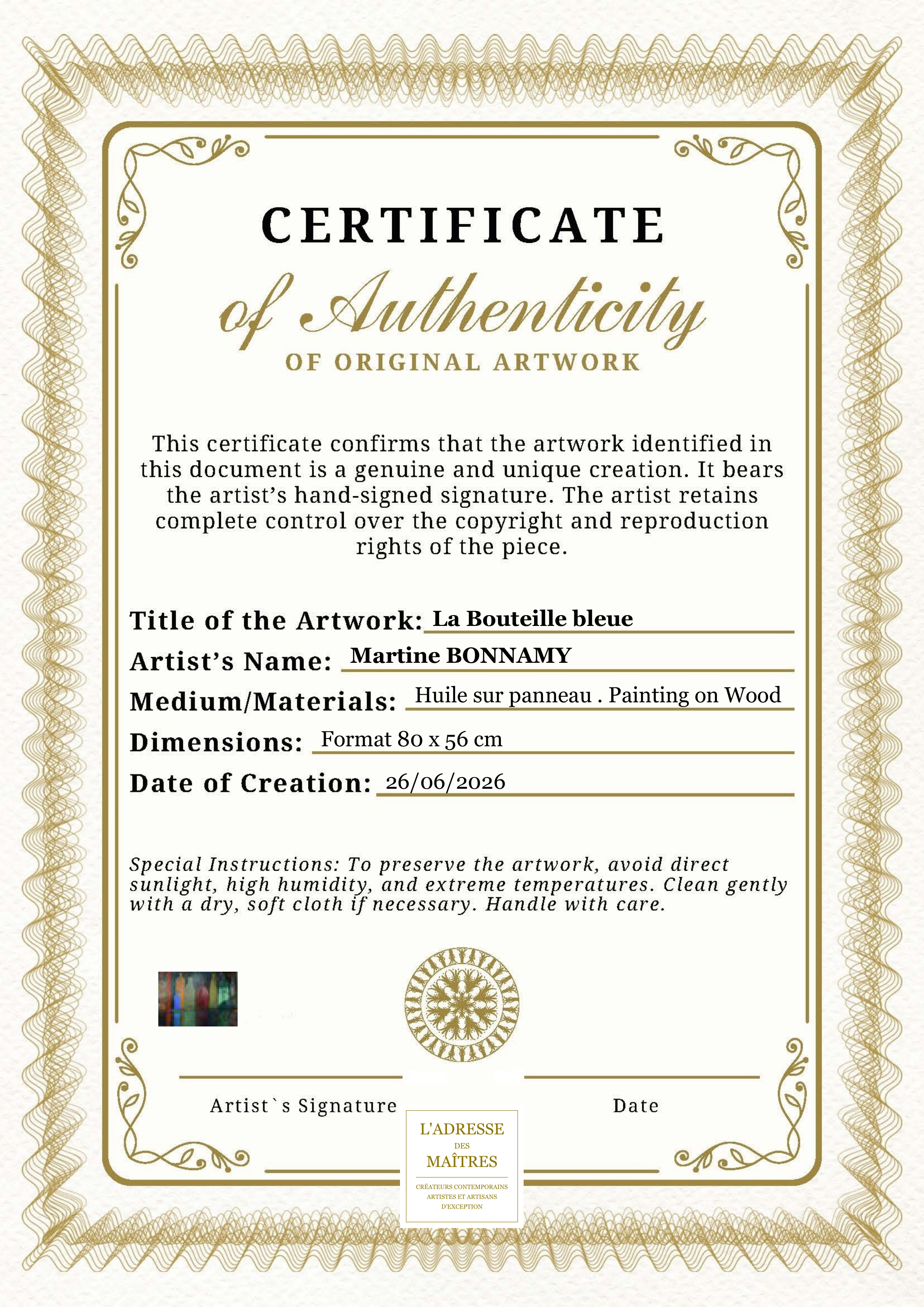 Certificat d'authenticité — La Bouteille bleue — Martine BONNAMY
