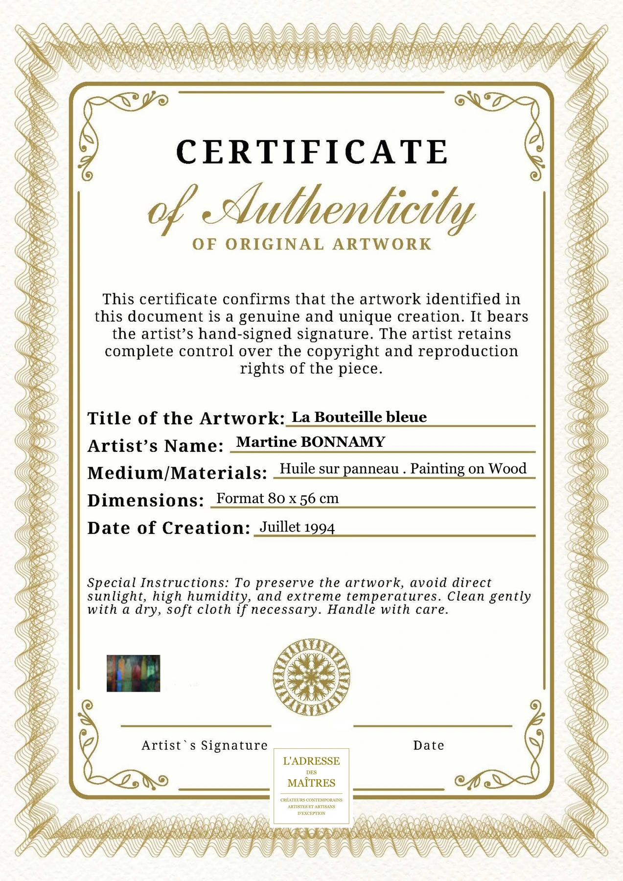 Certificat d'authenticité - La Bouteille bleue - Martine BONNAMY