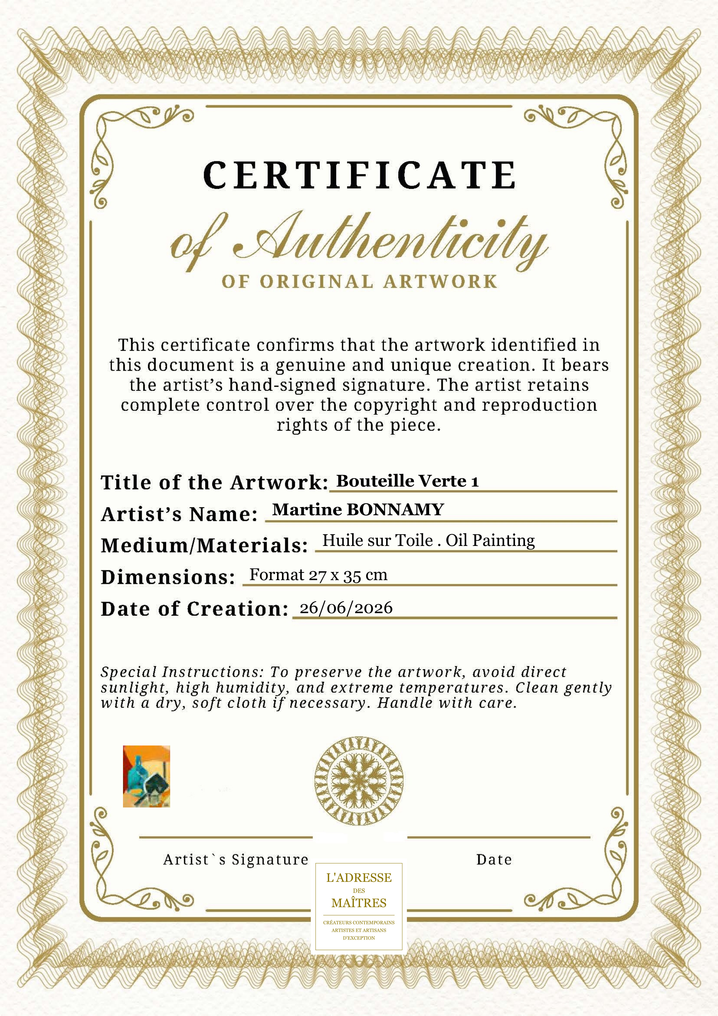 Certificat d'authenticité — Bouteille Verte 1 — Martine BONNAMY