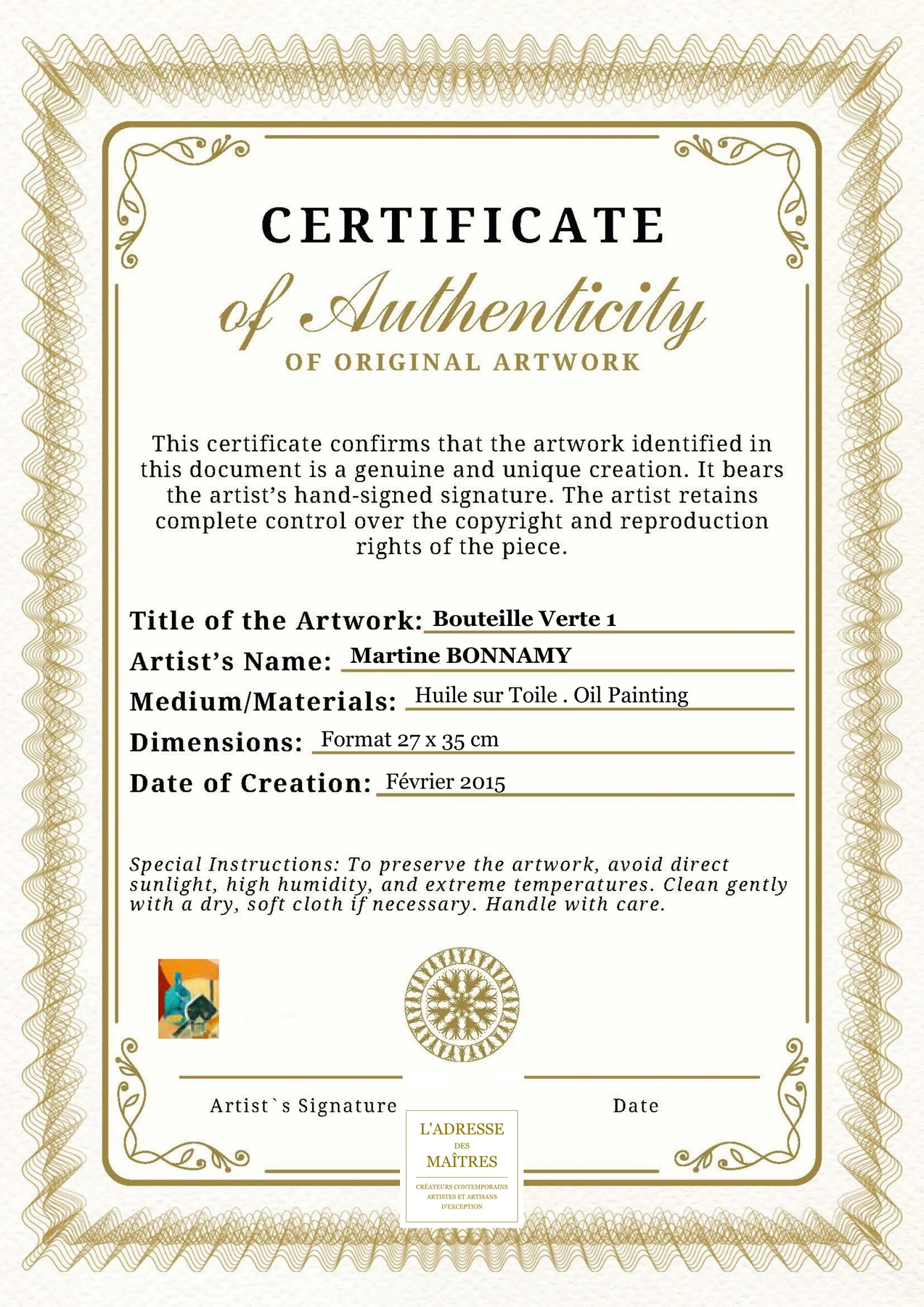Certificat d'authenticité - Bouteille Verte 1 - Martine BONNAMY