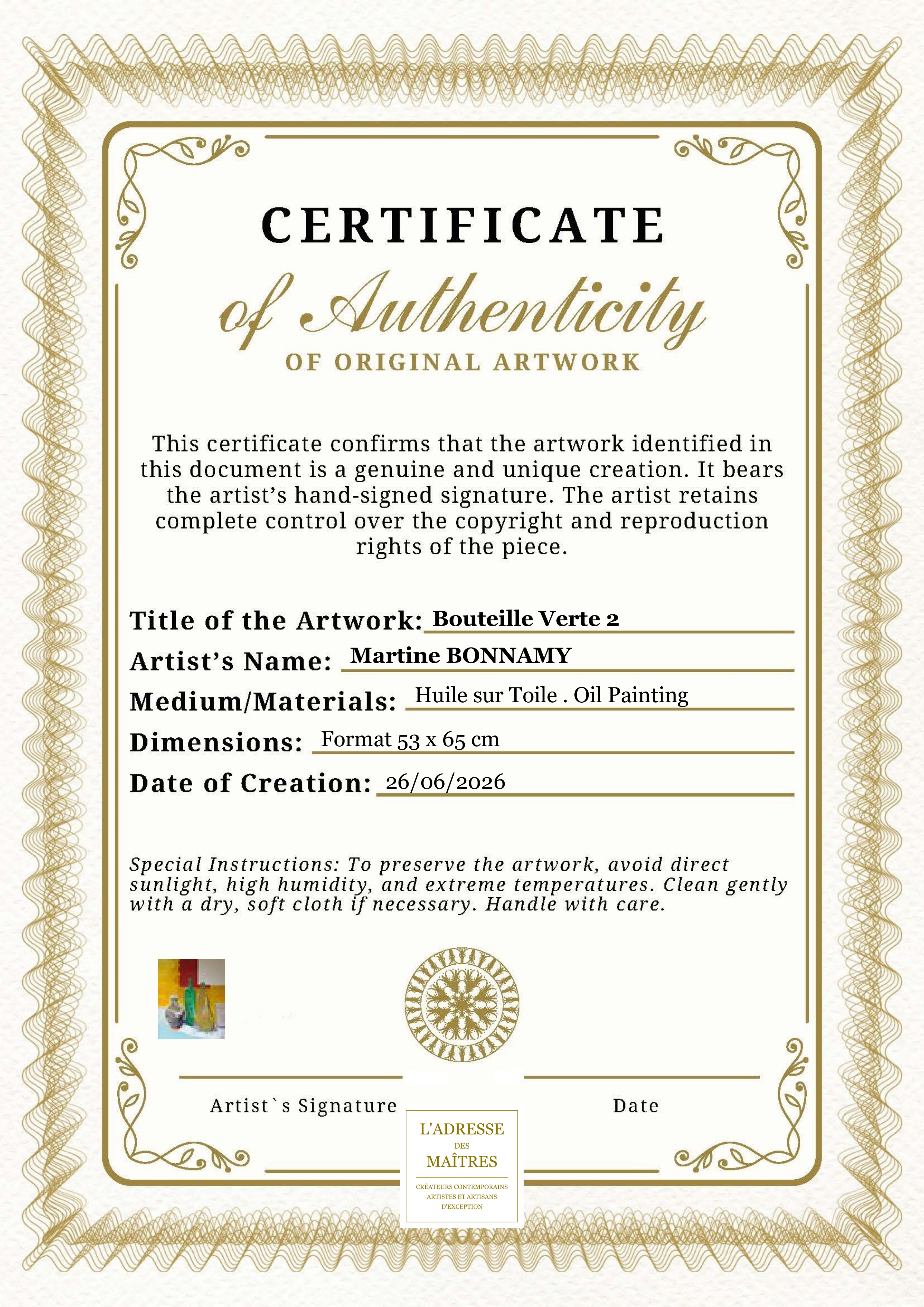 Certificat d'authenticité — Bouteille Verte 2 — Martine BONNAMY