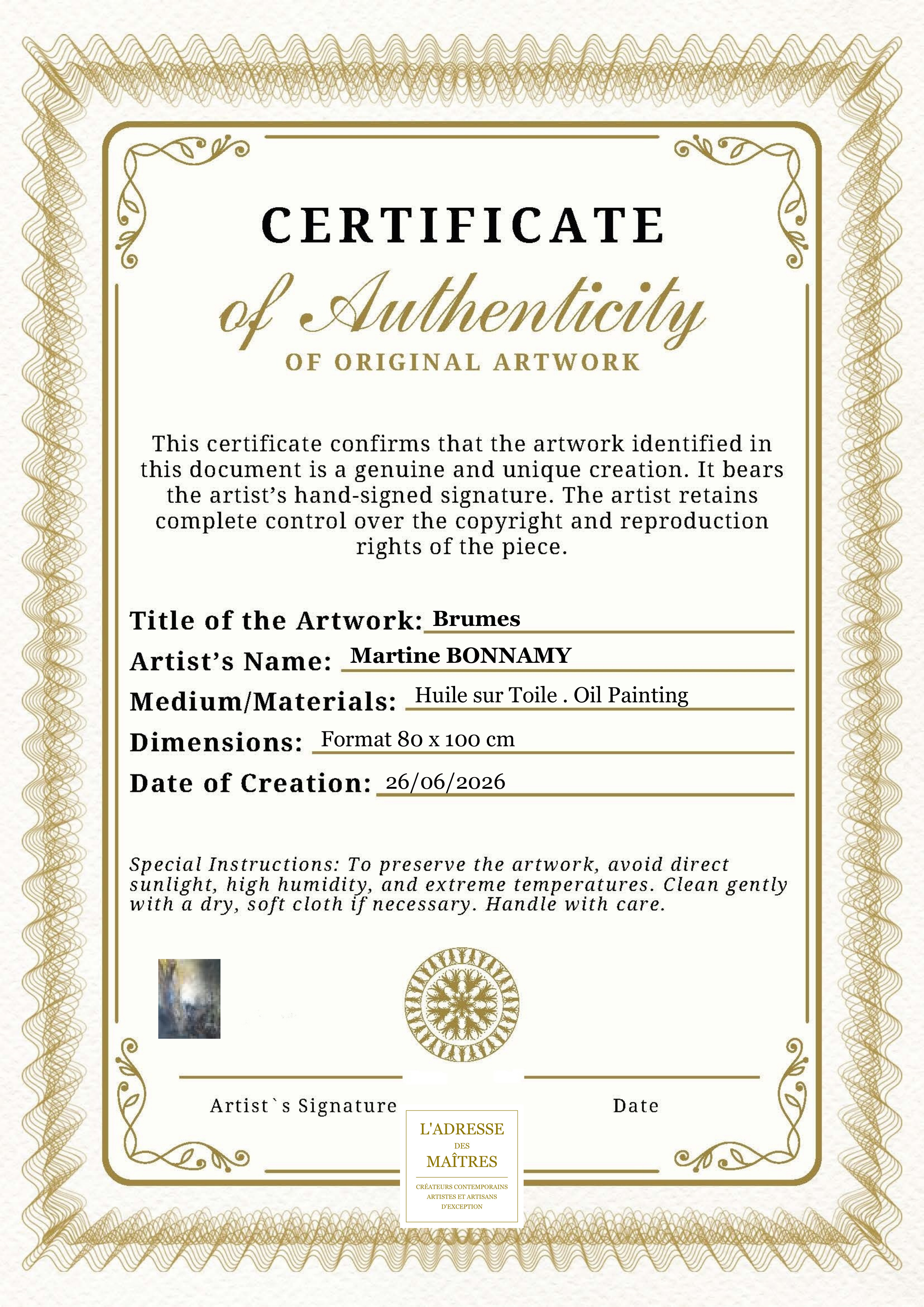 Certificat d'authenticité — Brumes — Martine BONNAMY