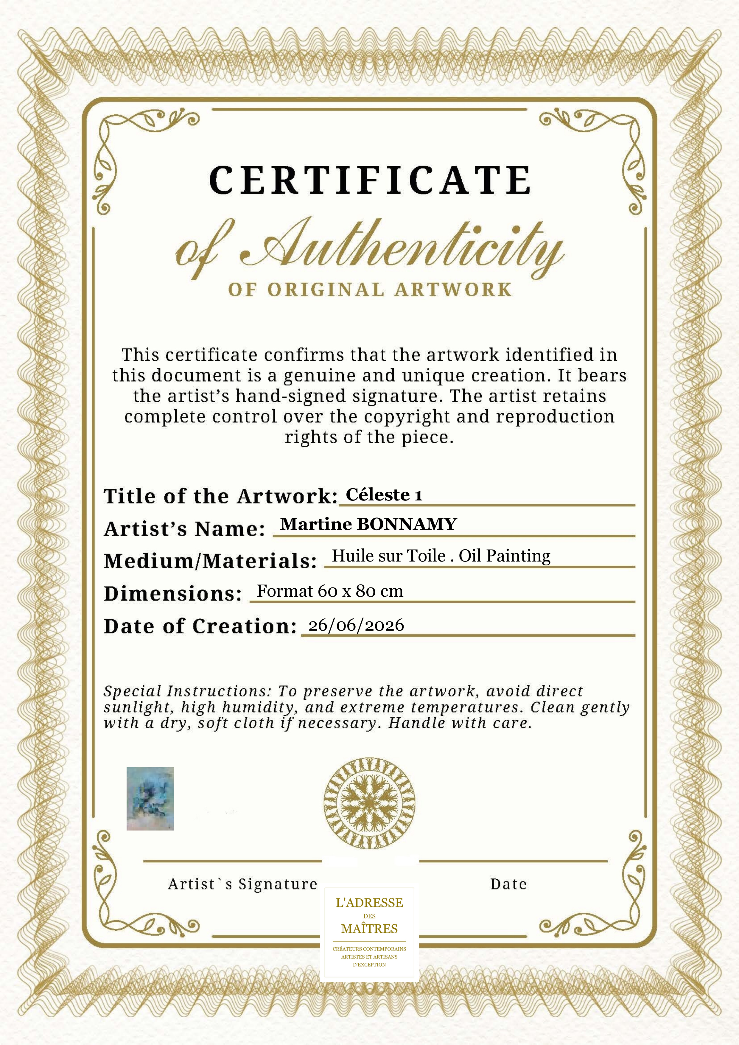 Certificat d'authenticité — Céleste 1 — Martine BONNAMY