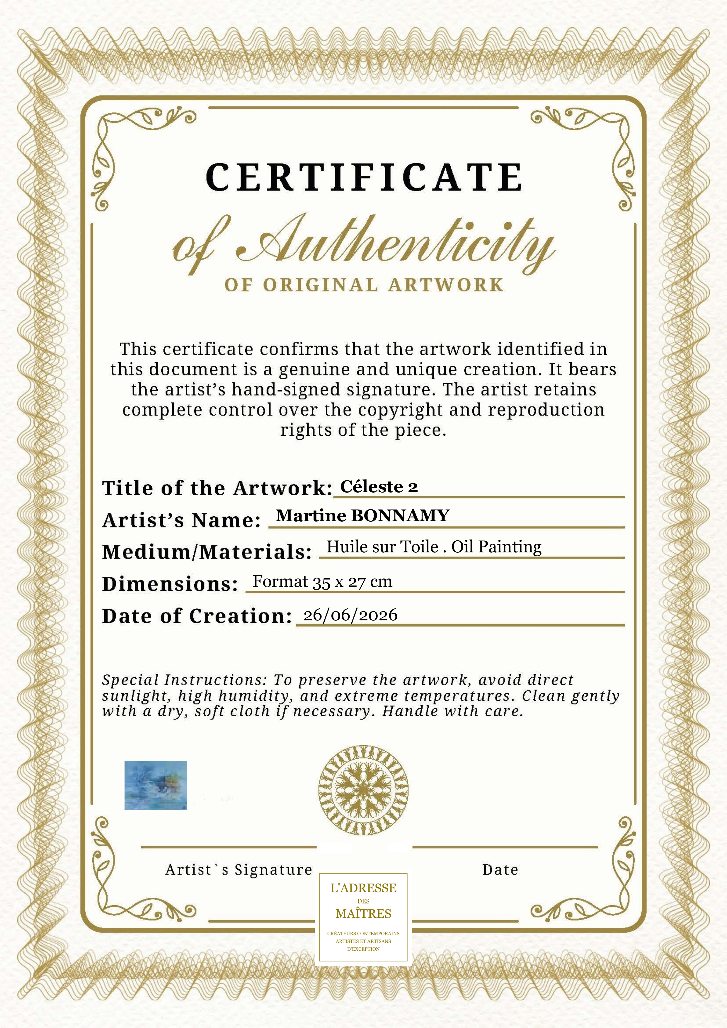 Certificat d'authenticité — Céleste 2 — Martine BONNAMY