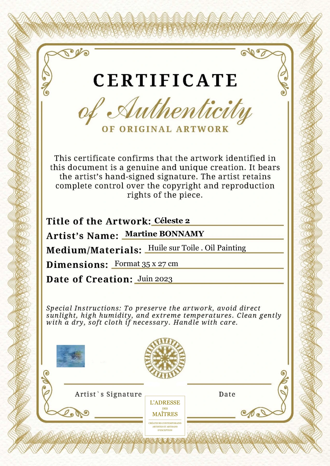 Certificat d'authenticité - Céleste 2 - Martine BONNAMY