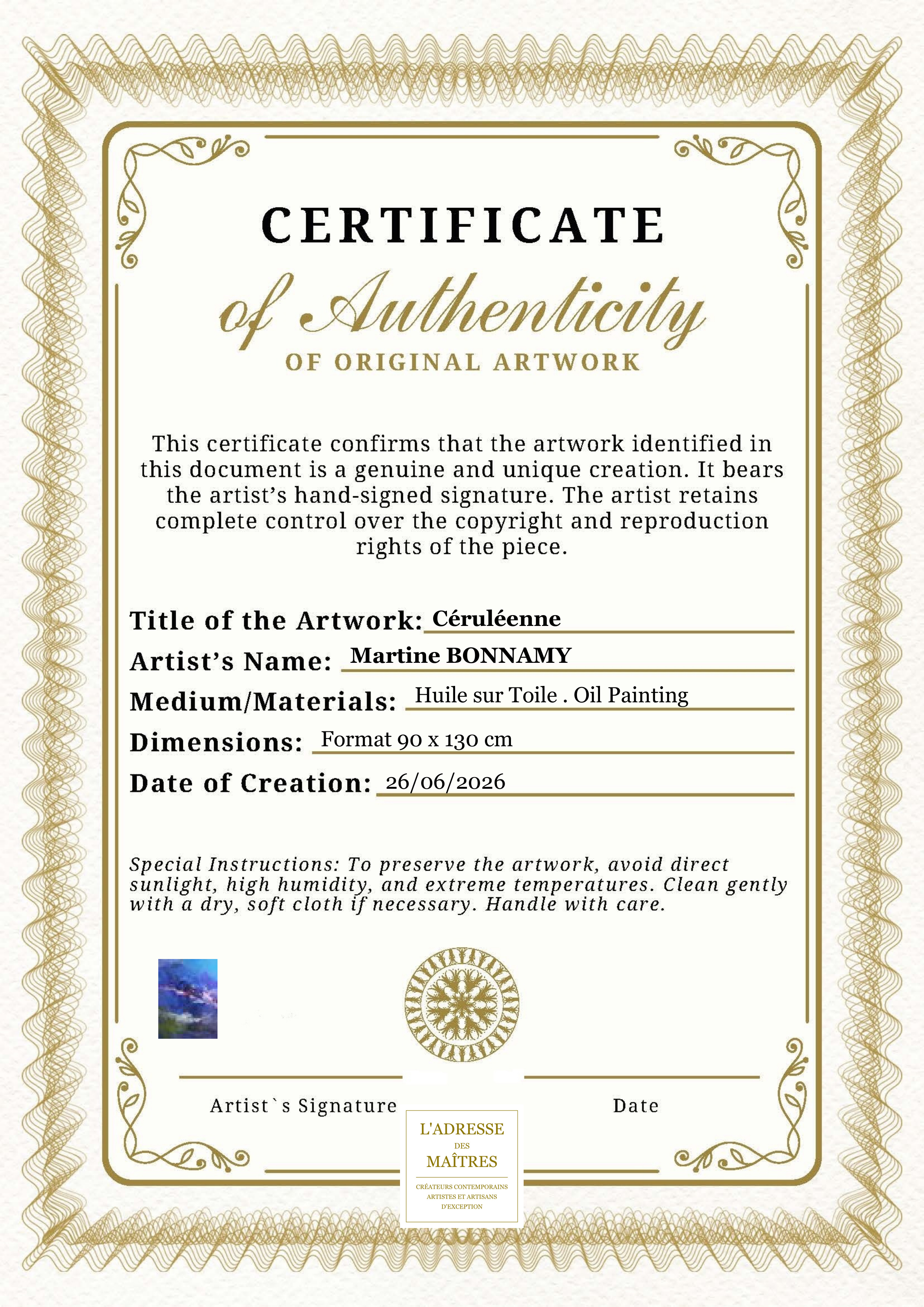 Certificat d'authenticité — Céruléenne — Martine BONNAMY