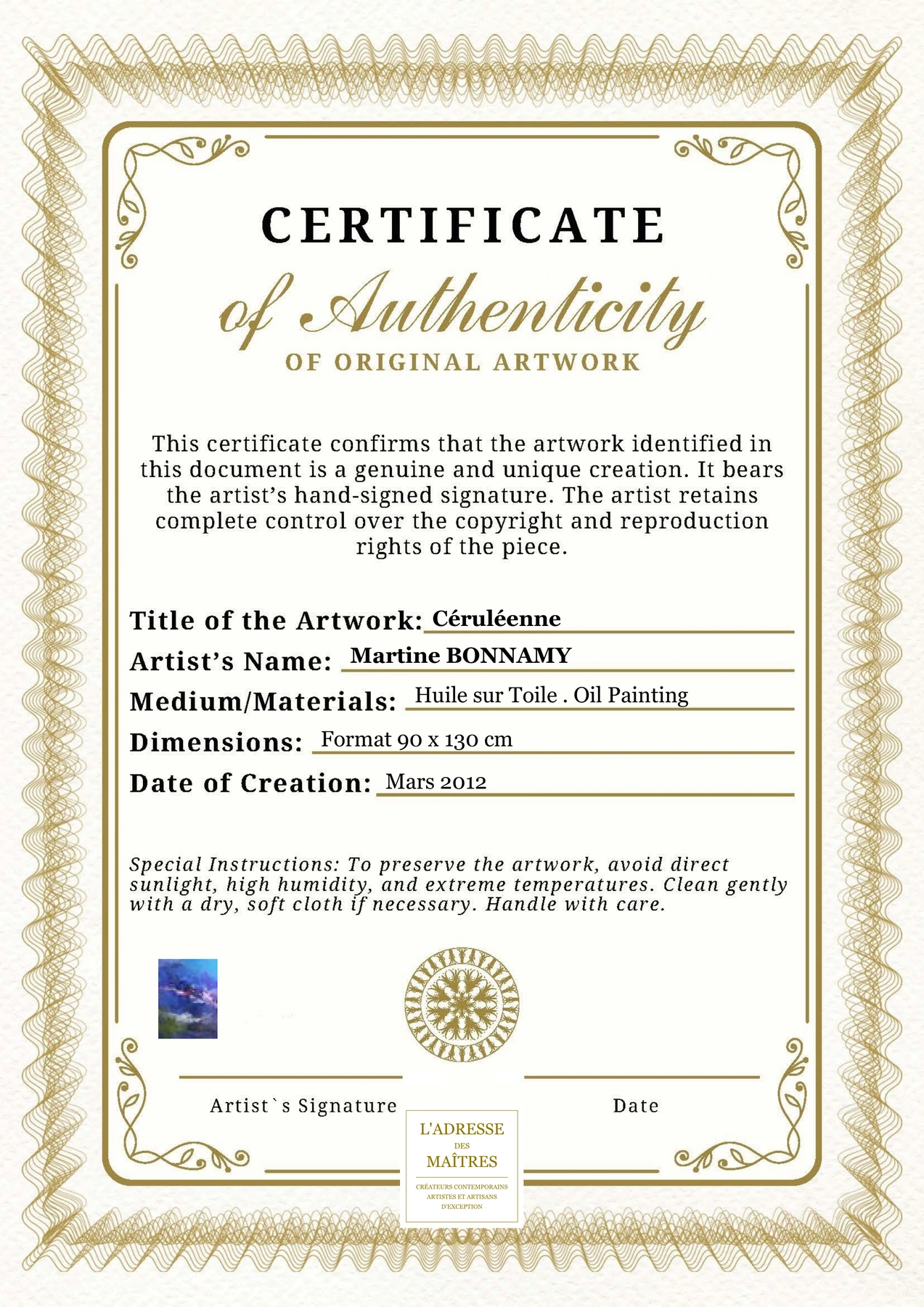 Certificat d'authenticité - Céruléenne - Martine BONNAMY