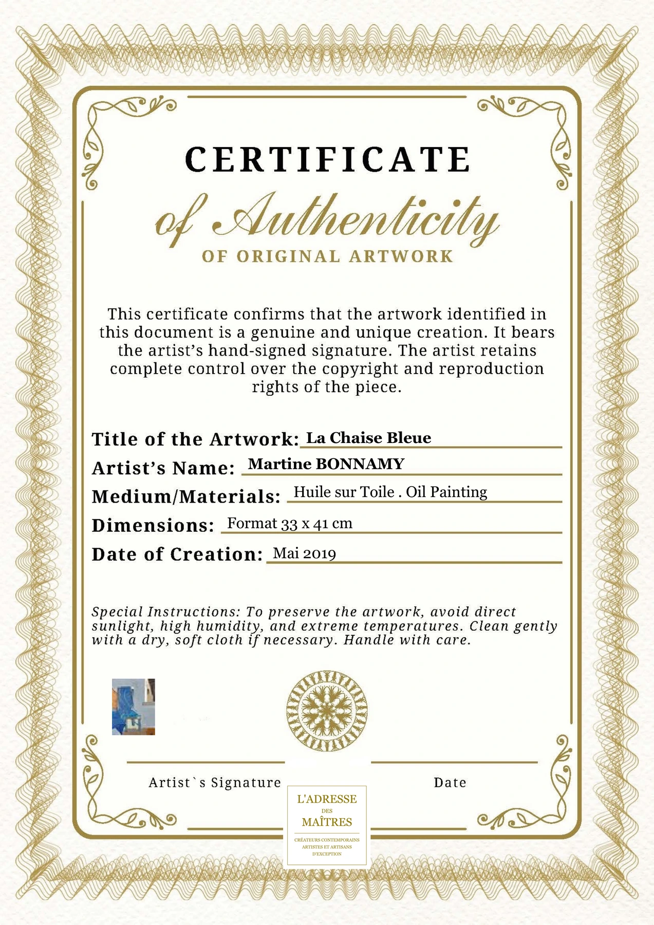 Certificat d'authenticité - La Chaise Bleue - Martine BONNAMY