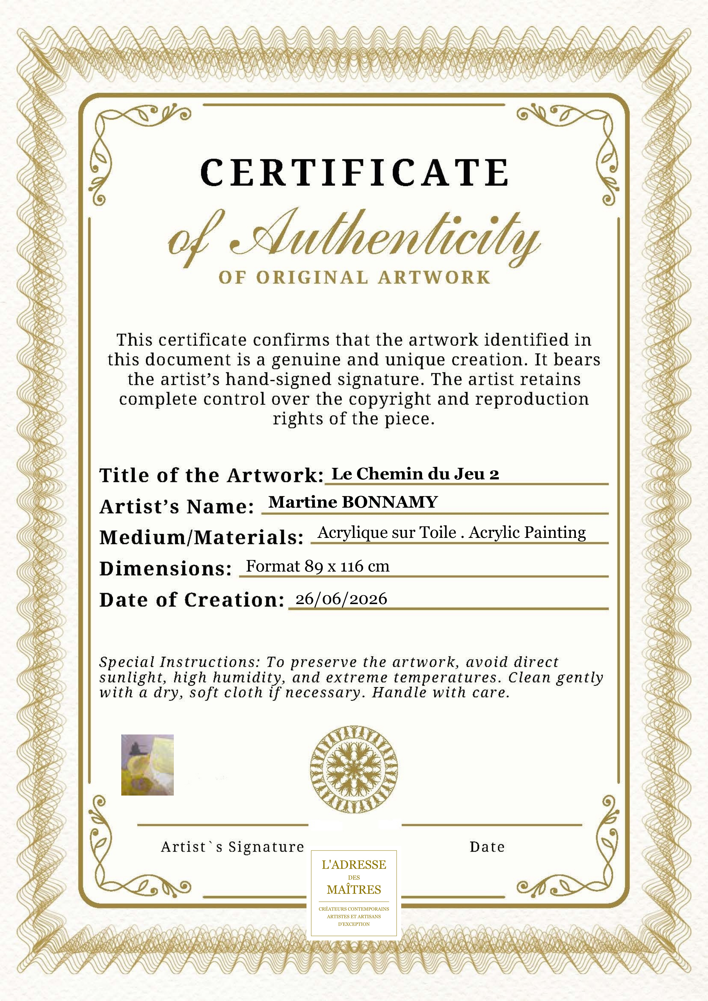 Certificat d'authenticité — Le Chemin du Jeu 2 — Martine BONNAMY