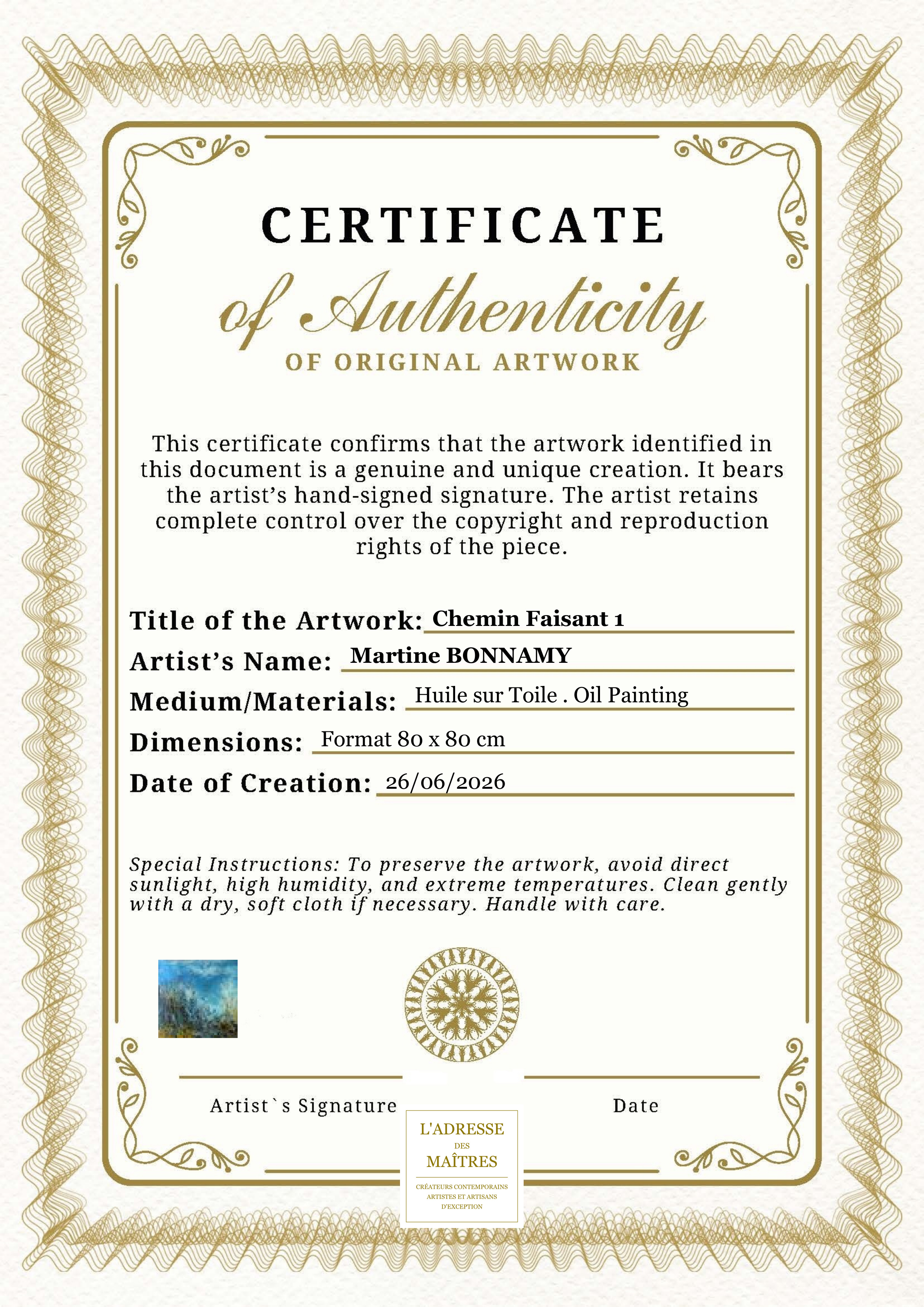 Certificat d'authenticité — Chemin Faisant 1 — Martine BONNAMY