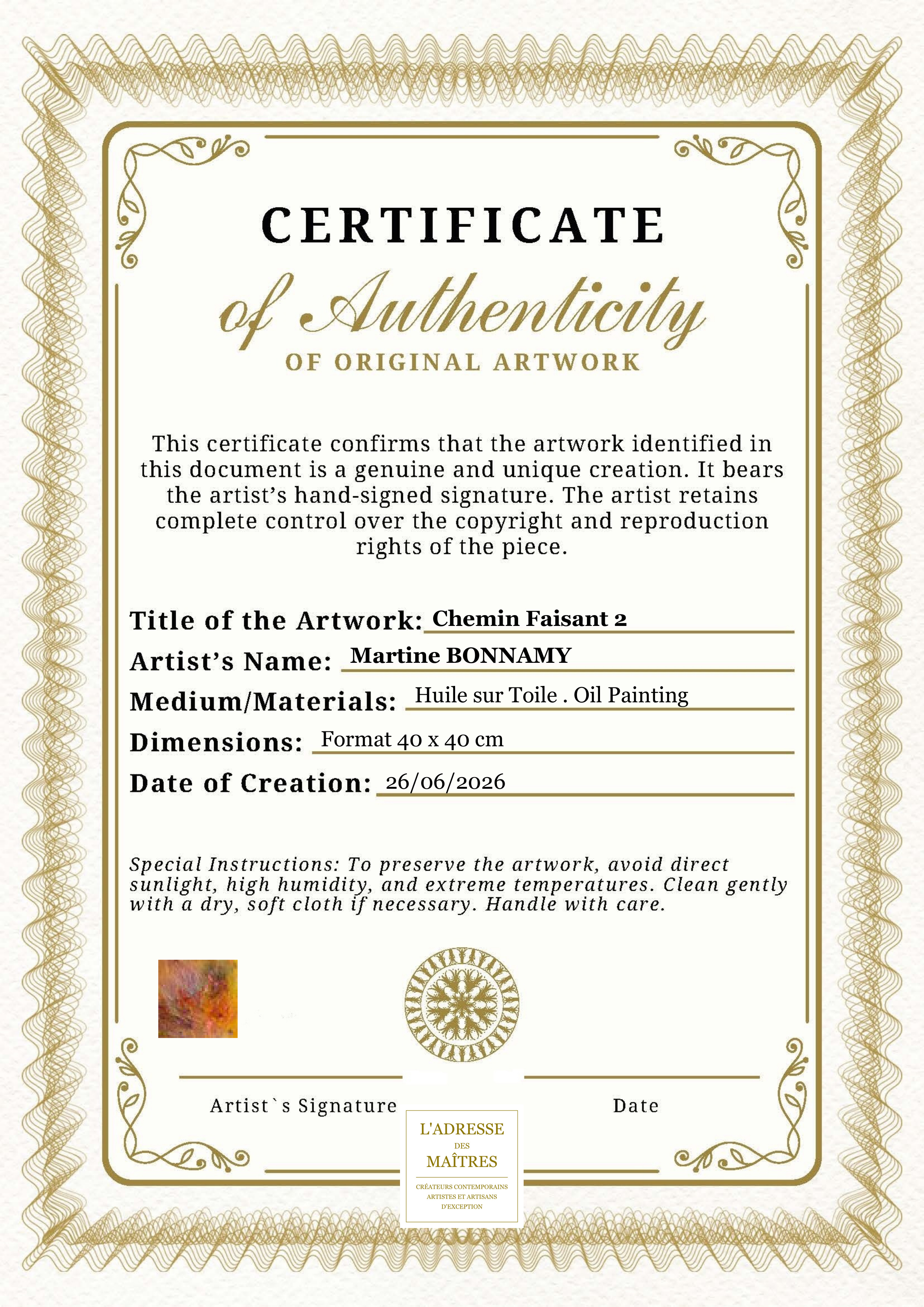 Certificat d'authenticité — Chemin Faisant 2 — Martine BONNAMY