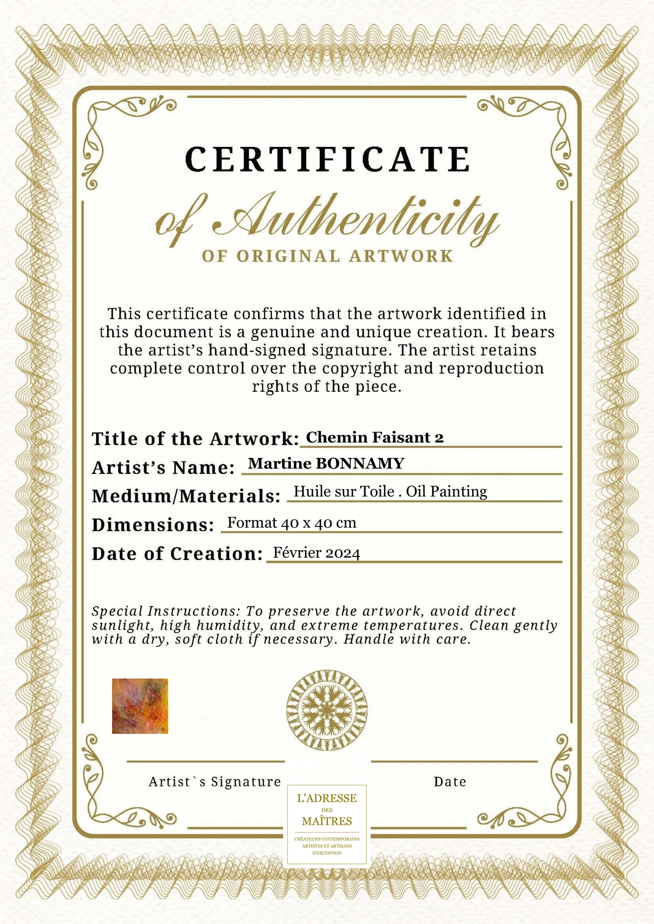 Certificat d'authenticité - Chemin Faisant 2 - Martine BONNAMY