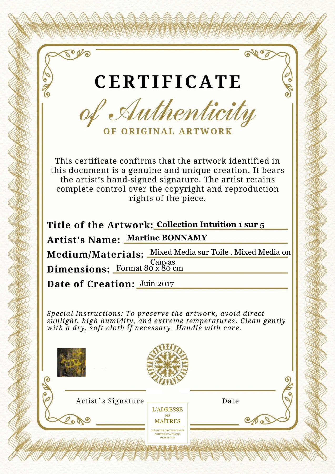 Certificat d'authenticité - Collection Intuition 1 sur 5 - Martine BONNAMY