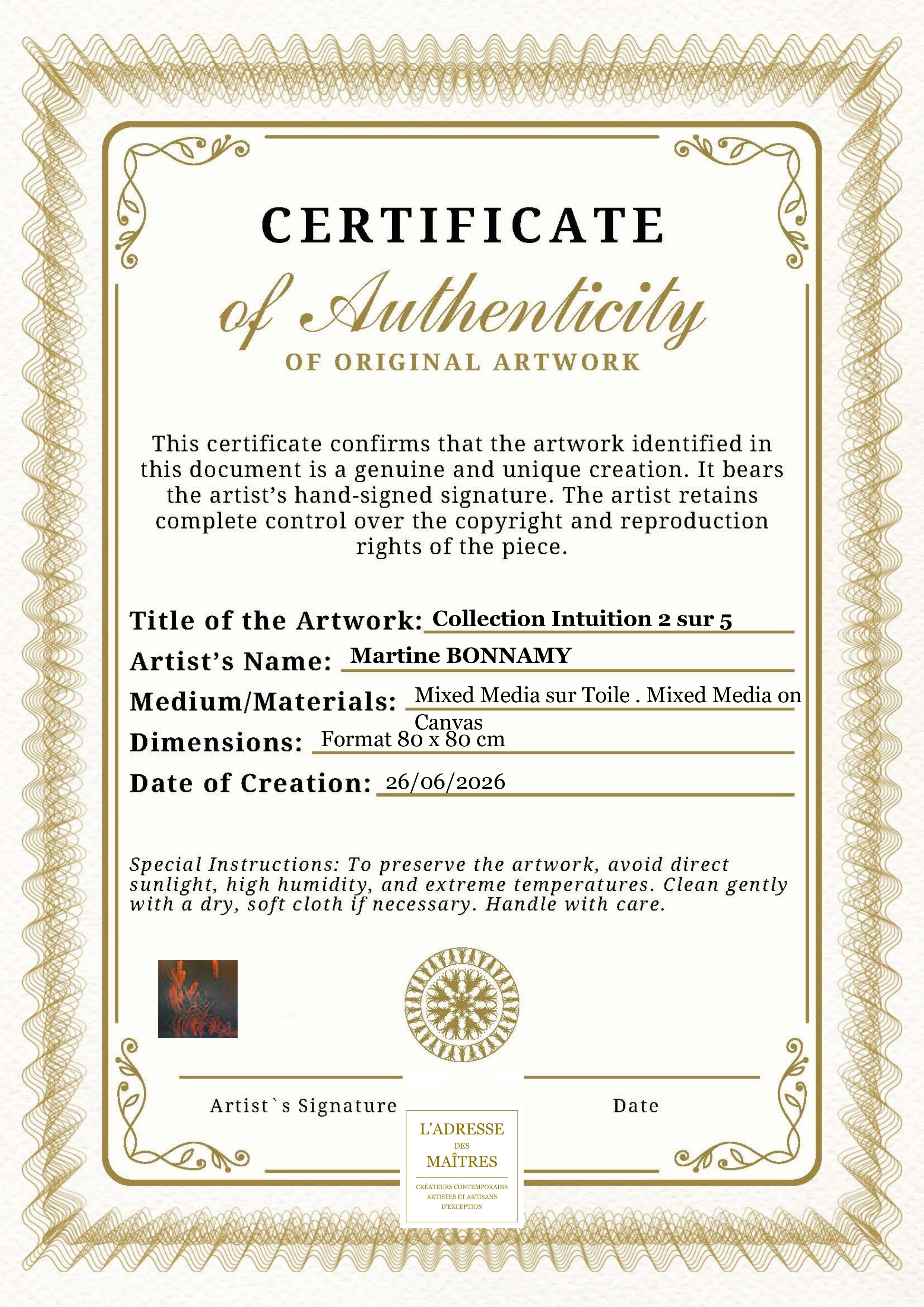Certificat d'authenticité — Collection Intuition 2 sur 5 — Martine BONNAMY