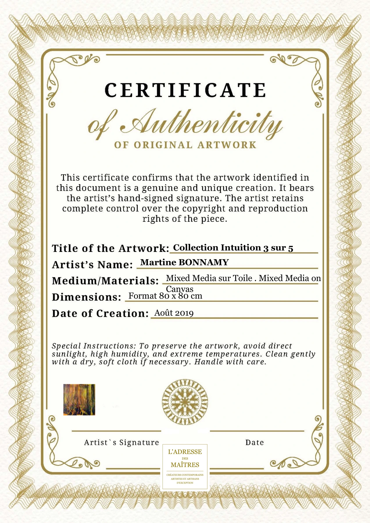 Certificat d'authenticité - Collection Intuition 3 sur 5 - Martine BONNAMY