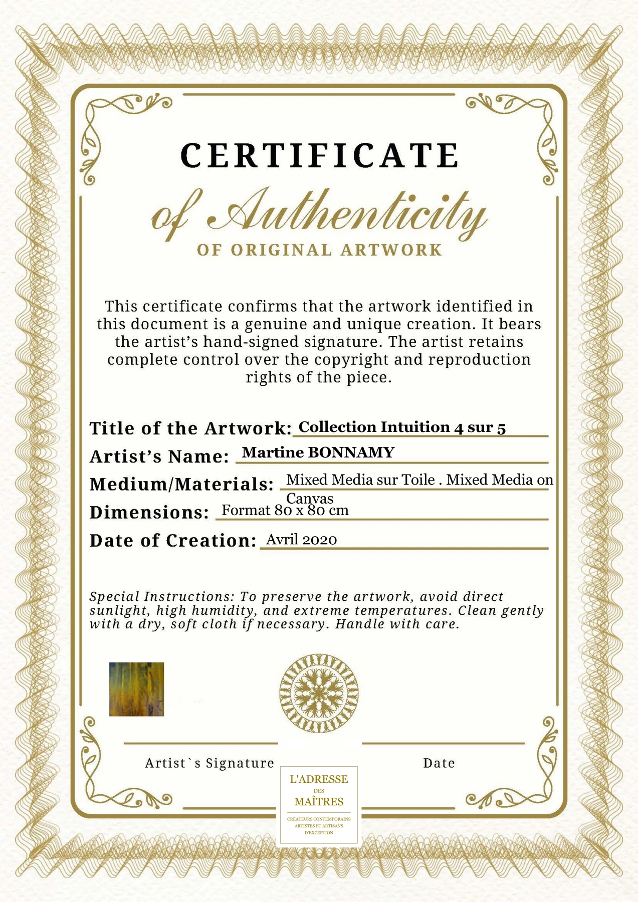 Certificat d'authenticité - Collection Intuition 4 sur 5 - Martine BONNAMY