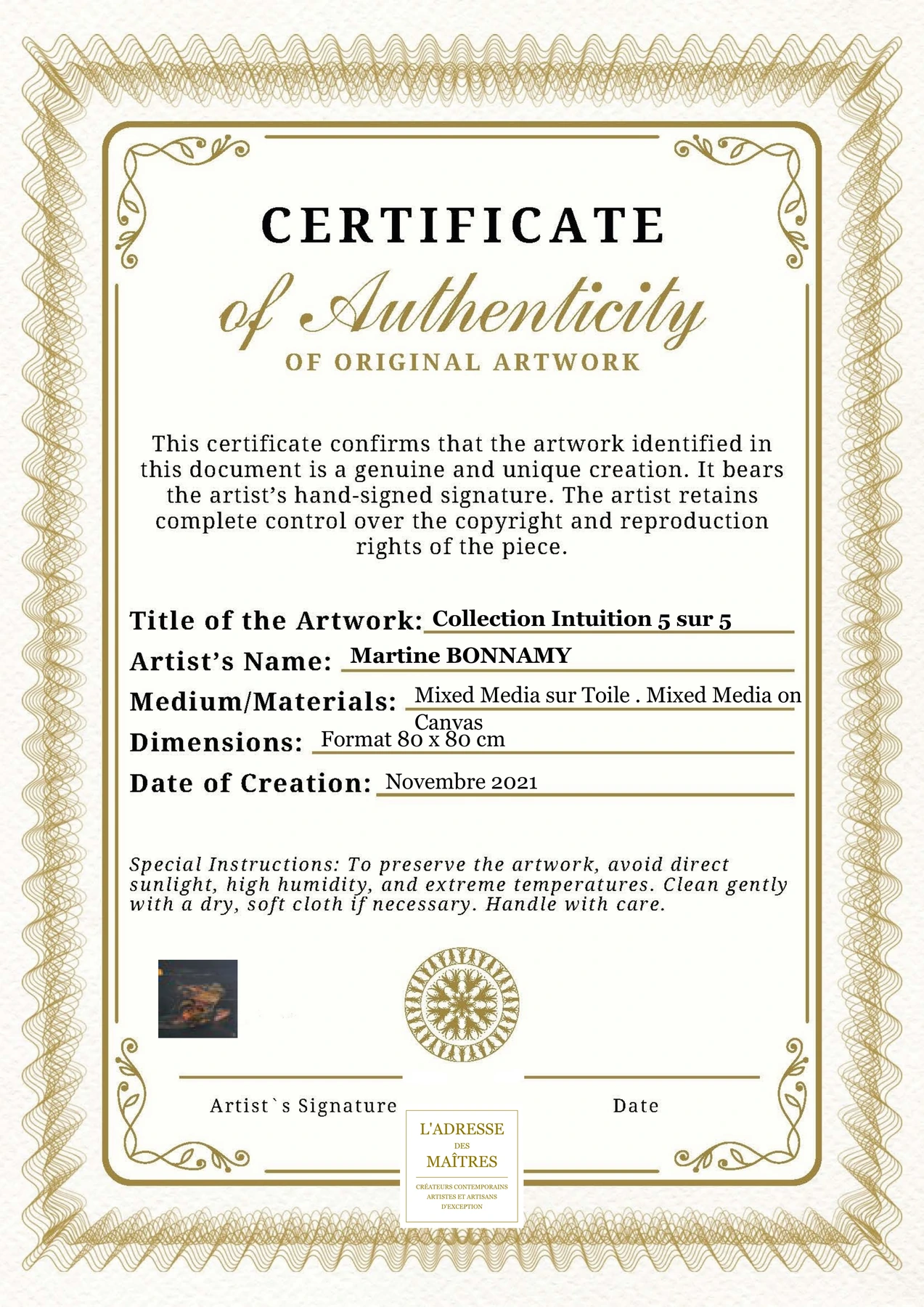Certificat d'authenticité - Collection Intuition 5 sur 5 - Martine BONNAMY
