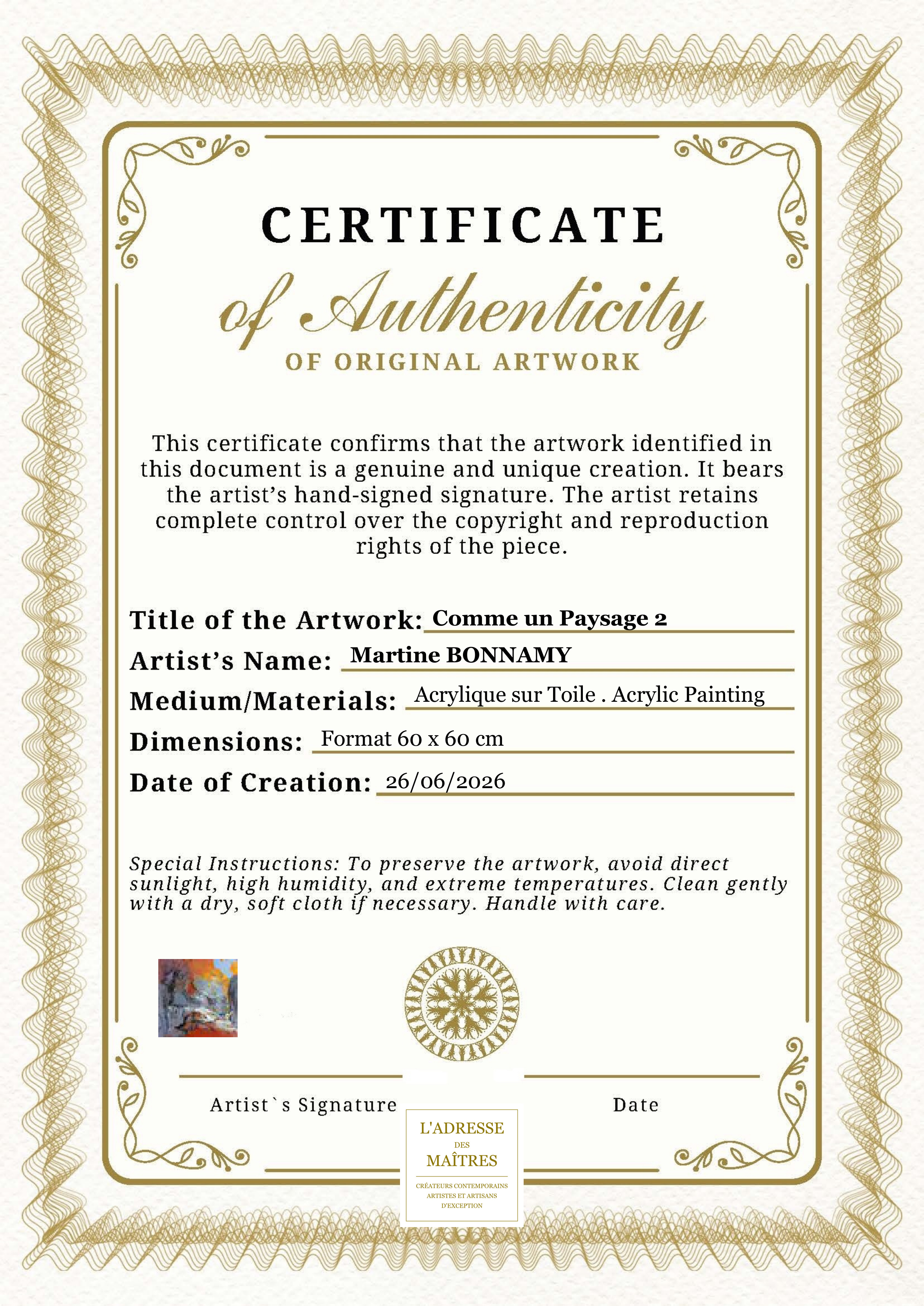 Certificat d'authenticité — Comme un Paysage 2 — Martine BONNAMY