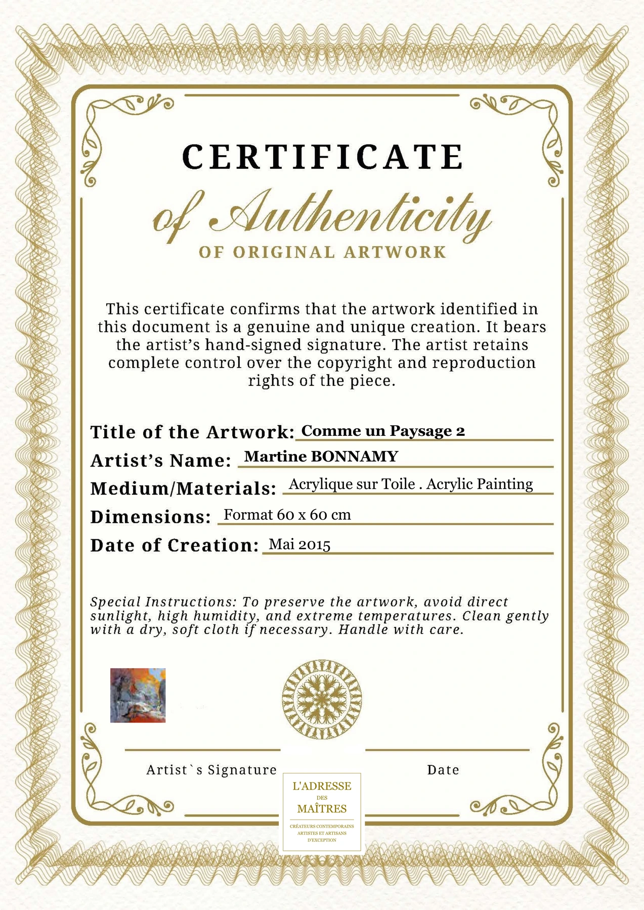 Certificat d'authenticité - Comme un Paysage 2 - Martine BONNAMY