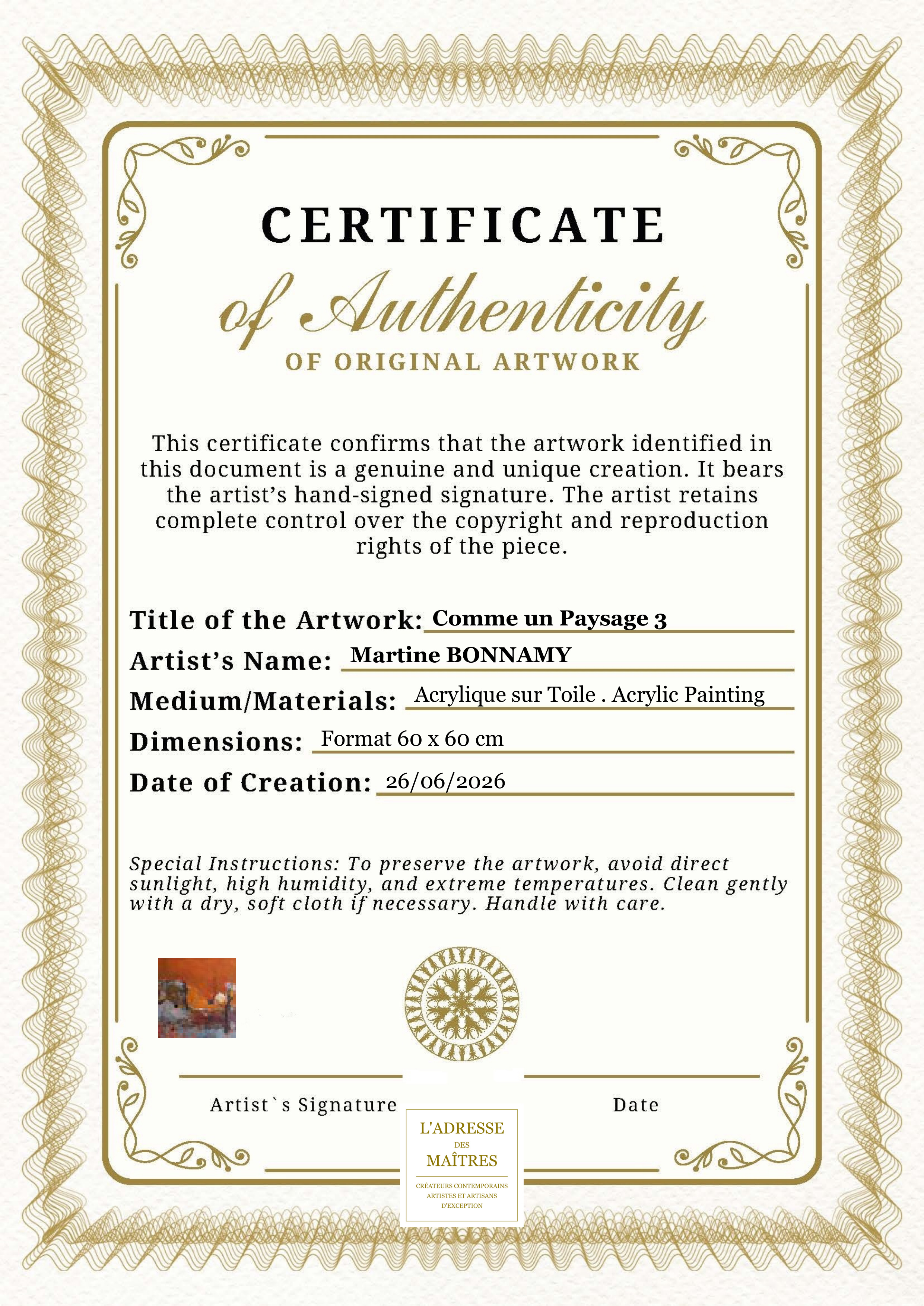 Certificat d'authenticité — Comme un Paysage 3 — Martine BONNAMY
