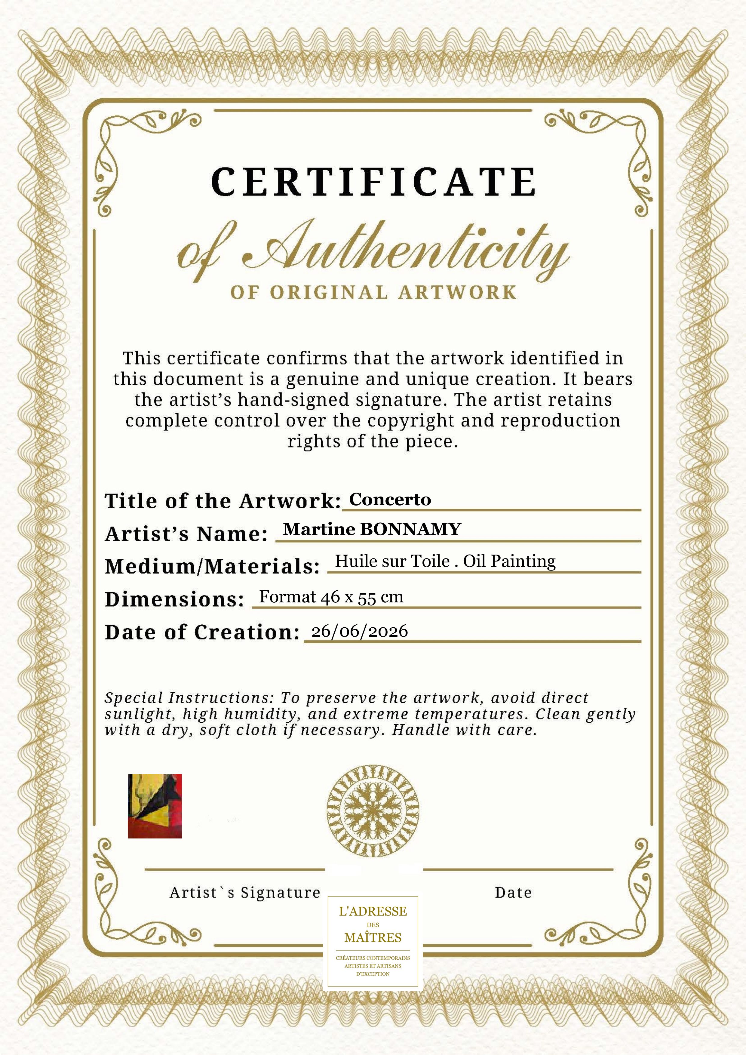 Certificat d'authenticité — Concerto — Martine BONNAMY