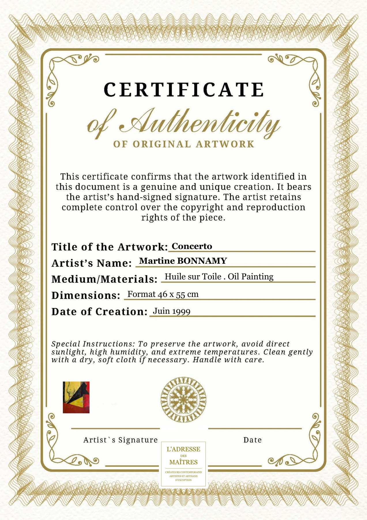 Certificat d'authenticité - Concerto - Martine BONNAMY