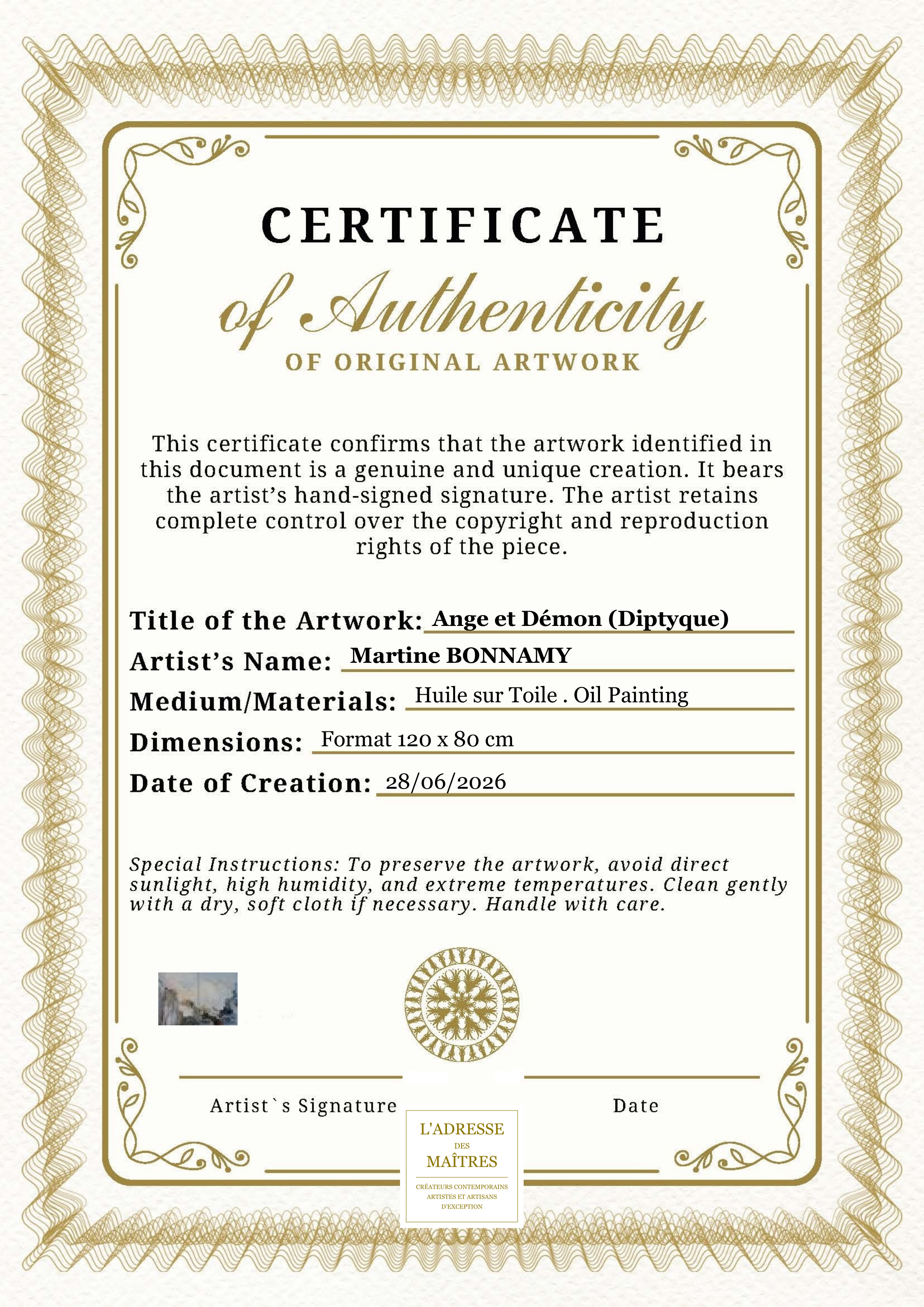 Certificat d'authenticité — Ange et Démon (Diptyque) — Martine BONNAMY