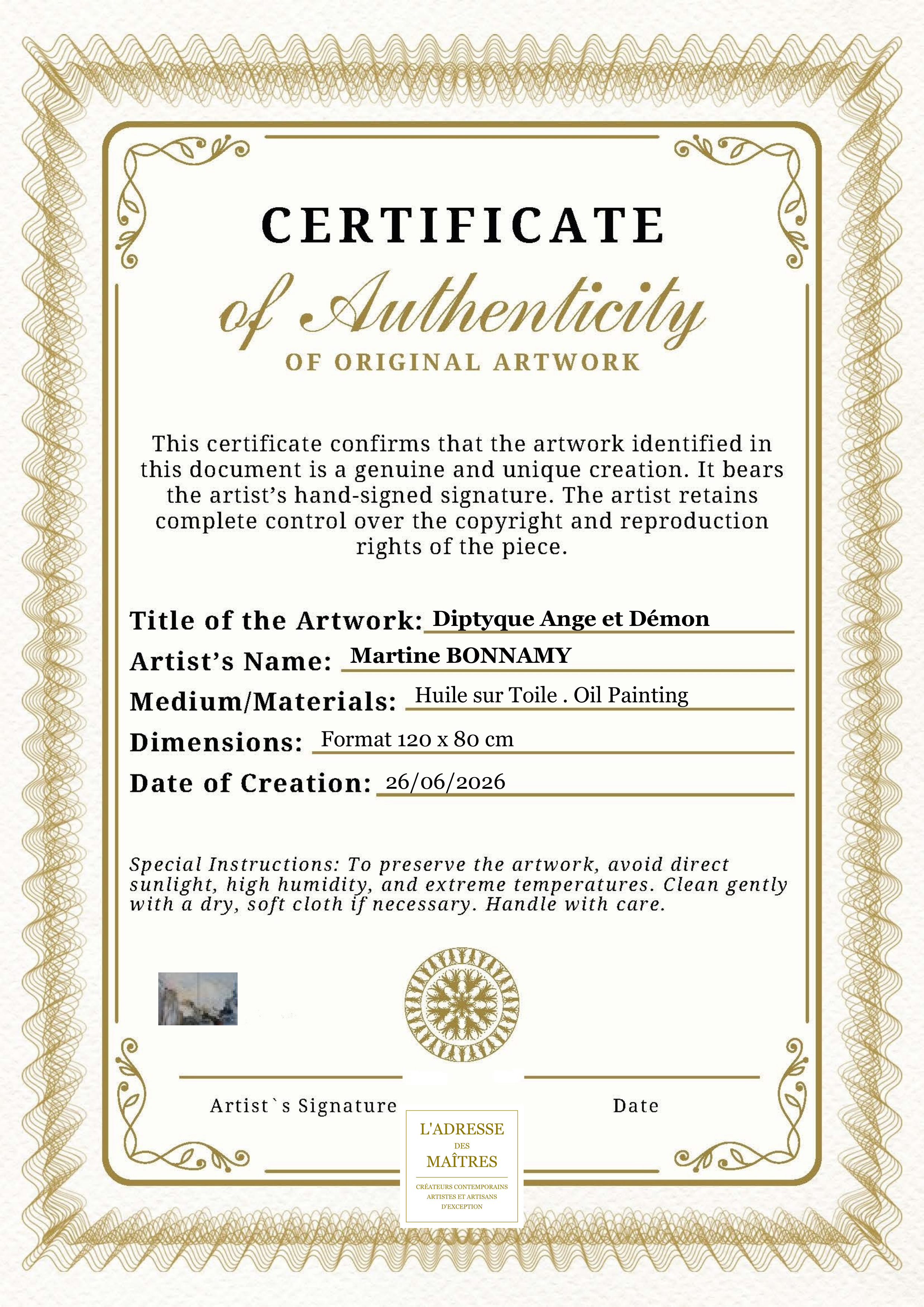 Certificat d'authenticité — Diptyque Ange et Démon — Martine BONNAMY