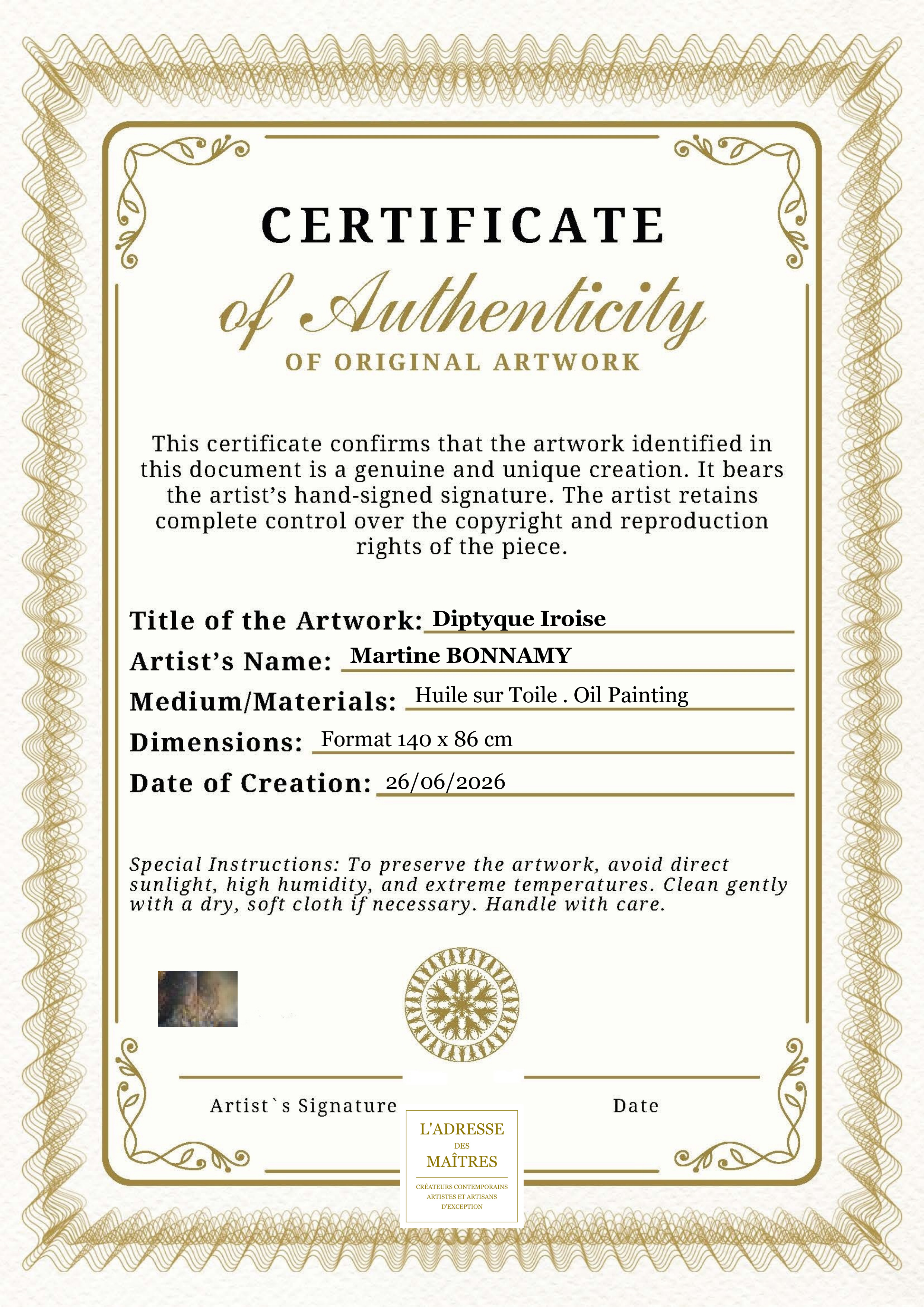 Certificat d'authenticité — Diptyque Iroise — Martine BONNAMY