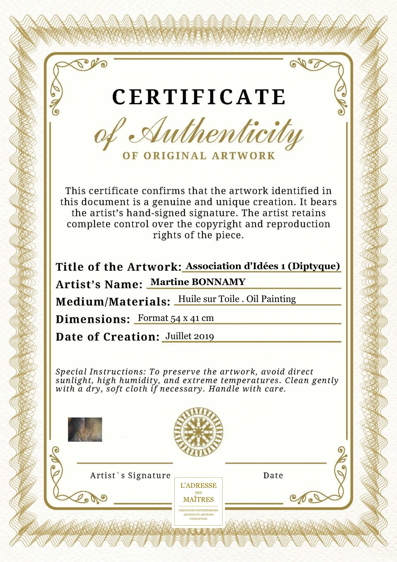 Certificat d'authenticité - Association d'Idées 1 (Diptyque) - Martine BONNAMY