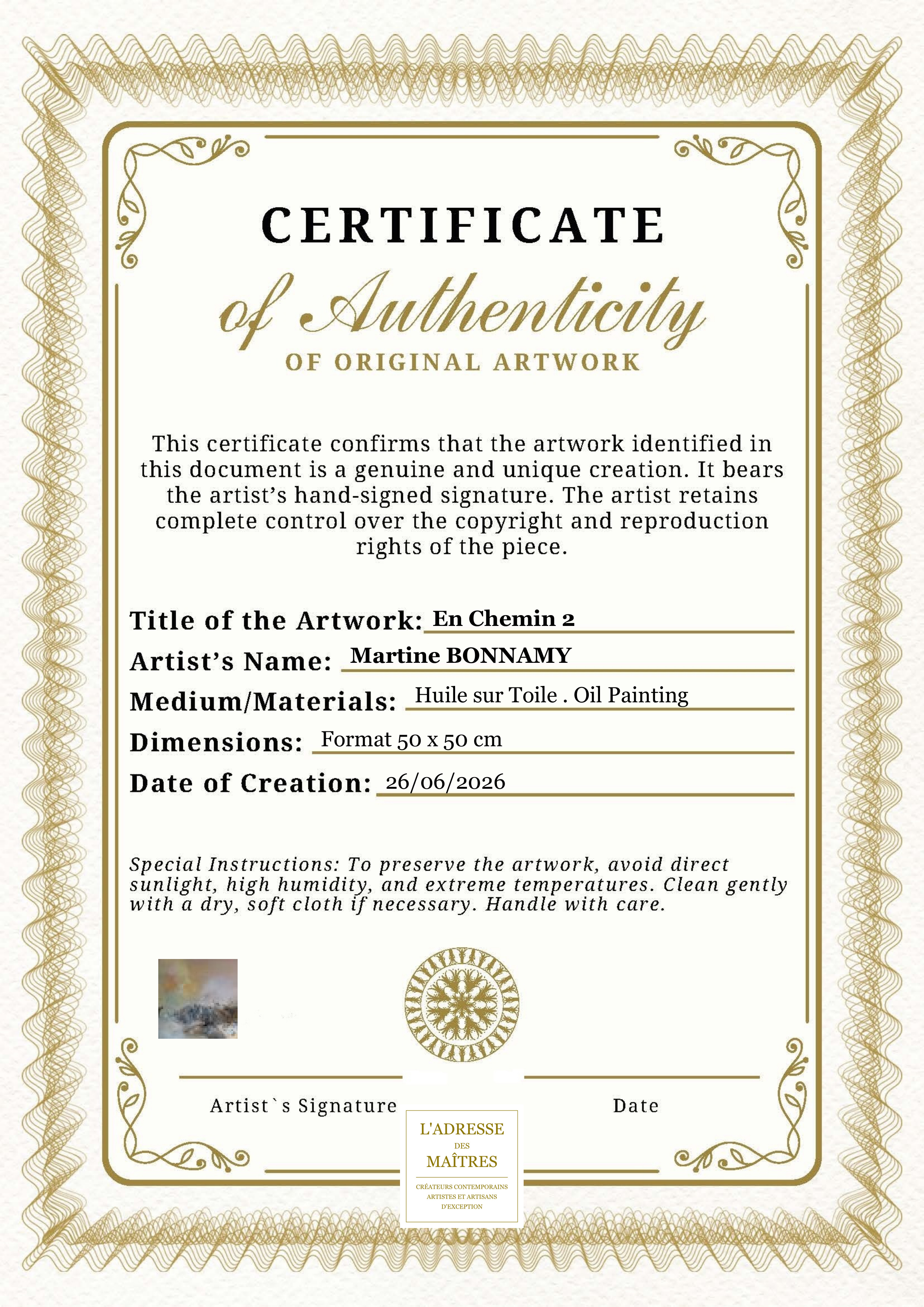 Certificat d'authenticité — En Chemin 2 — Martine BONNAMY