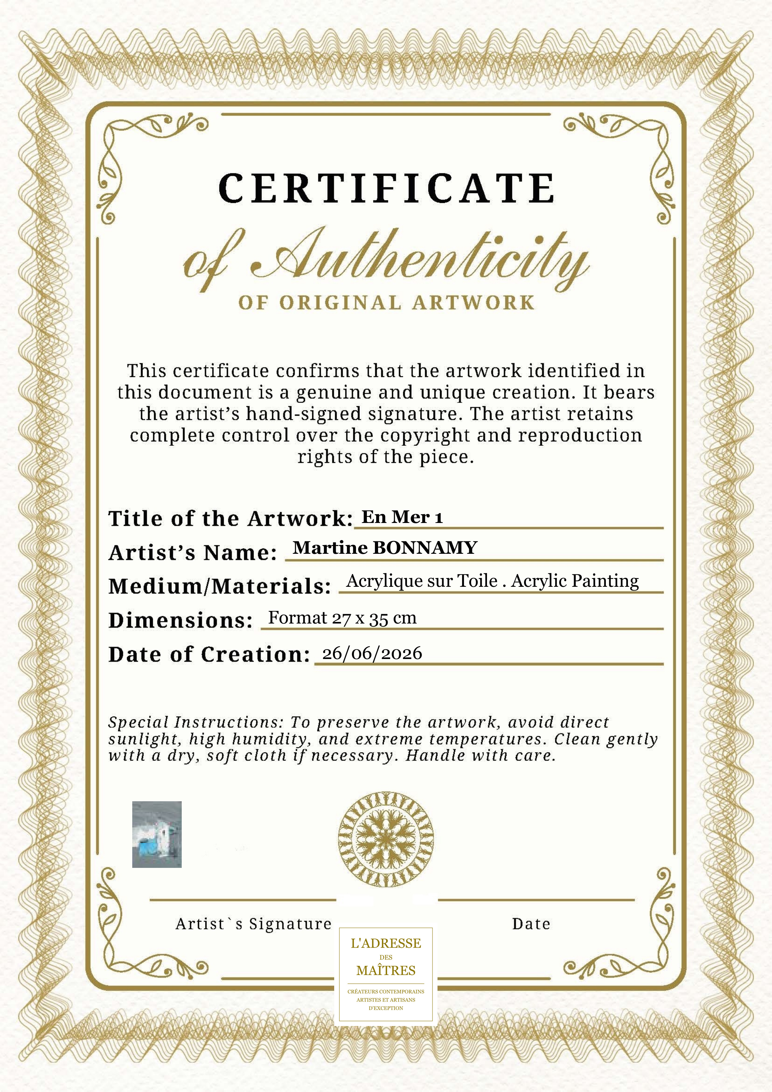 Certificat d'authenticité — En Mer 1 — Martine BONNAMY